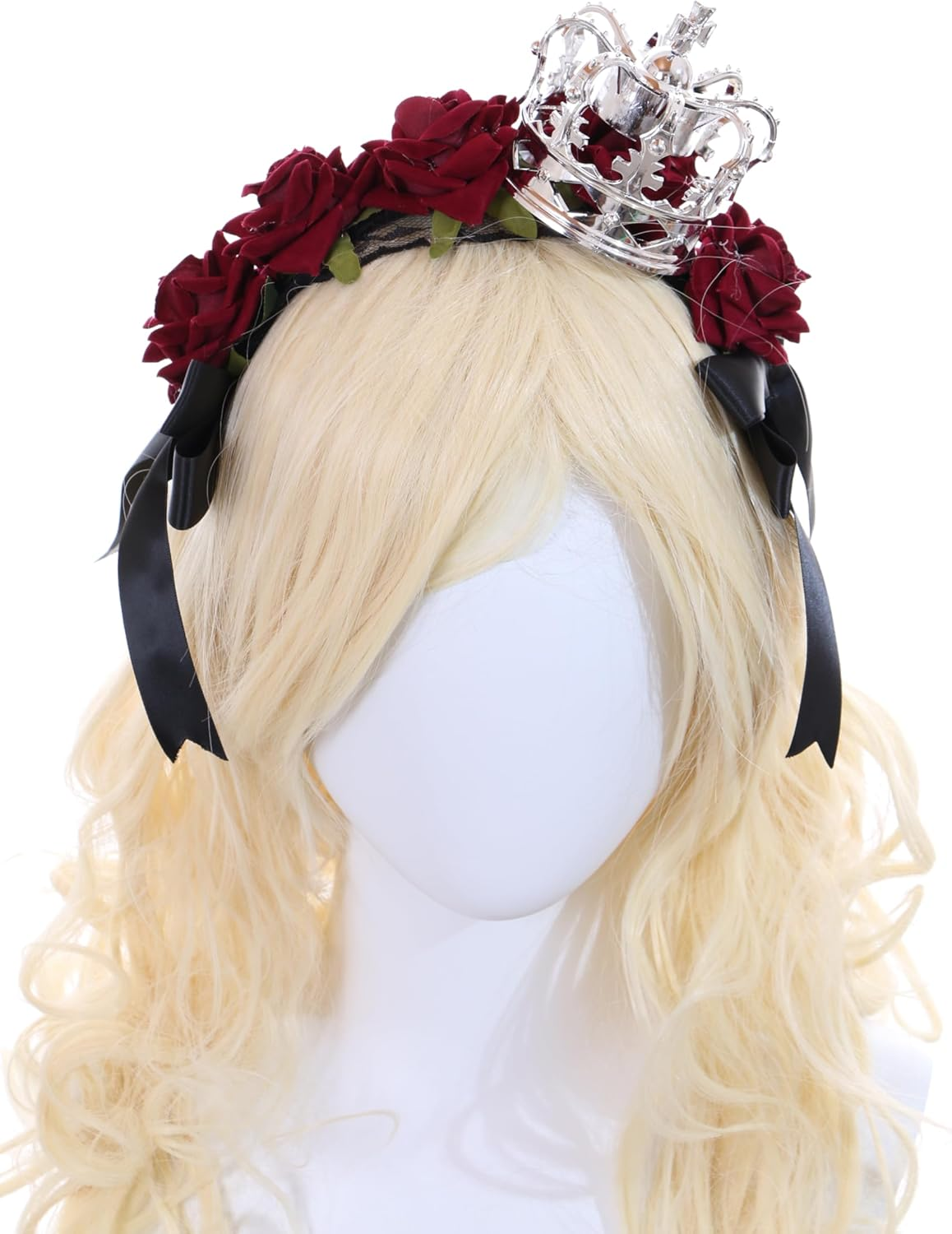 C-104-1 Silver Crown with Roses Red Lace Bow Ruffle Gothic Lolita Headband Party Celebration Hair Accessories Head Accessory image number 2