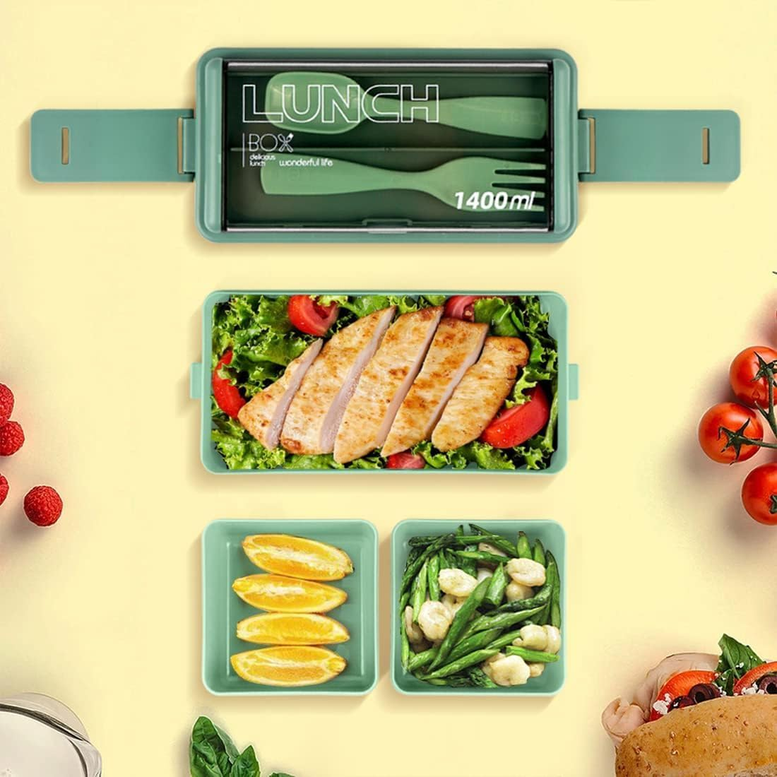 Lunch Box Stackable, 1400Ml Bento Box with Spoon Fork, Leak Proof 2 Layer Boxes with 3 Removable Compartments and Cutlery, for Adults Kids Office Microwave Dishwasher Safe Available (Green) image number 2