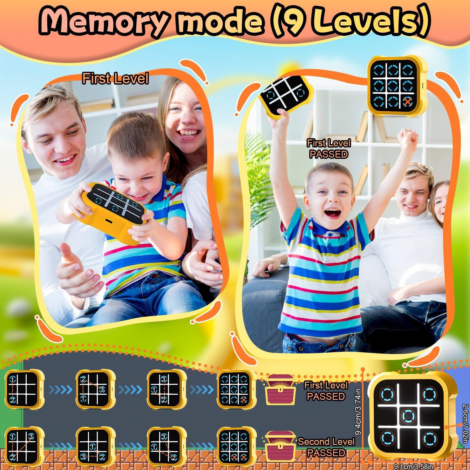 Tic Tac Toe Game, Portable 3-In-1 Puzzle Game Console, Portable Travel Games for Education and Memory Growth, Educational Toy for 3+ Year Olds Boys Girls Adults, Yellow