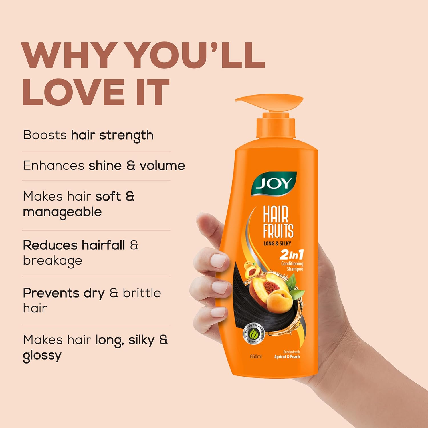 Joy Hair Fruits Long & Silky Conditioning Shampoo Enriched with Apricot & Peach, 650 Ml image number 4