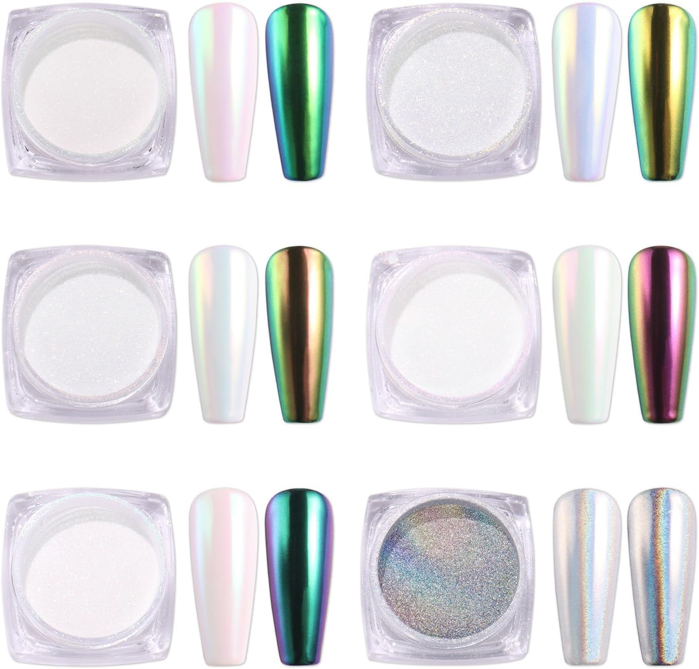 AIMEILI Upgrade Chrome Nail Powder - 6 Jar Art Chameleon Mirror Set, Pearl Shell Glitter Changing Ombre Holographic Laser Gel Metallic Manicure Pigment image number 3