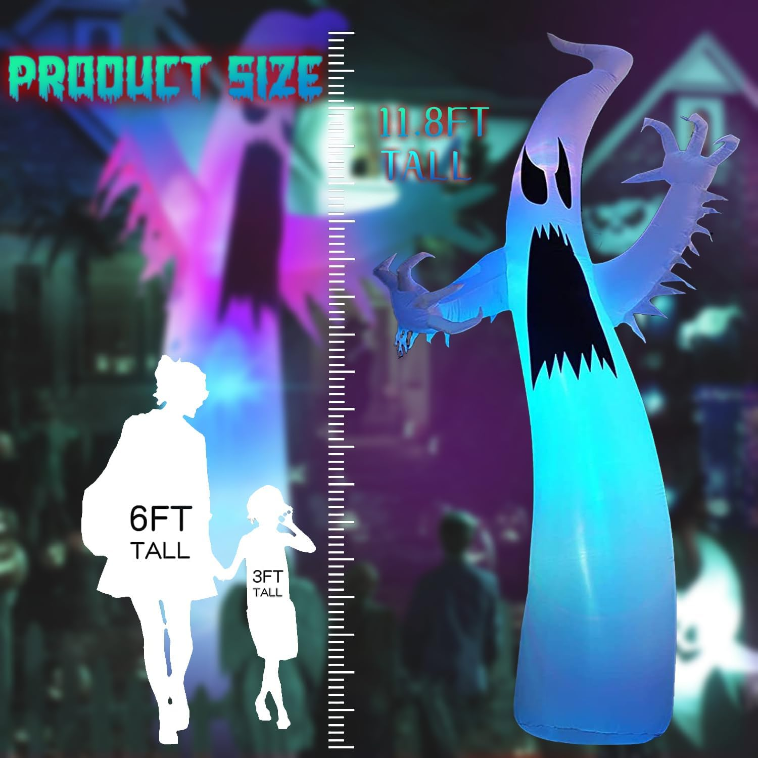 11.8 Feet Halloween Inflatables Ghost Outdoor Decorations, Halloween Blow up Yard Decoration with Colorful Changing Led Lights for Halloween Indoor Outdoor Yard Lawn Garden Party Decor image number 4