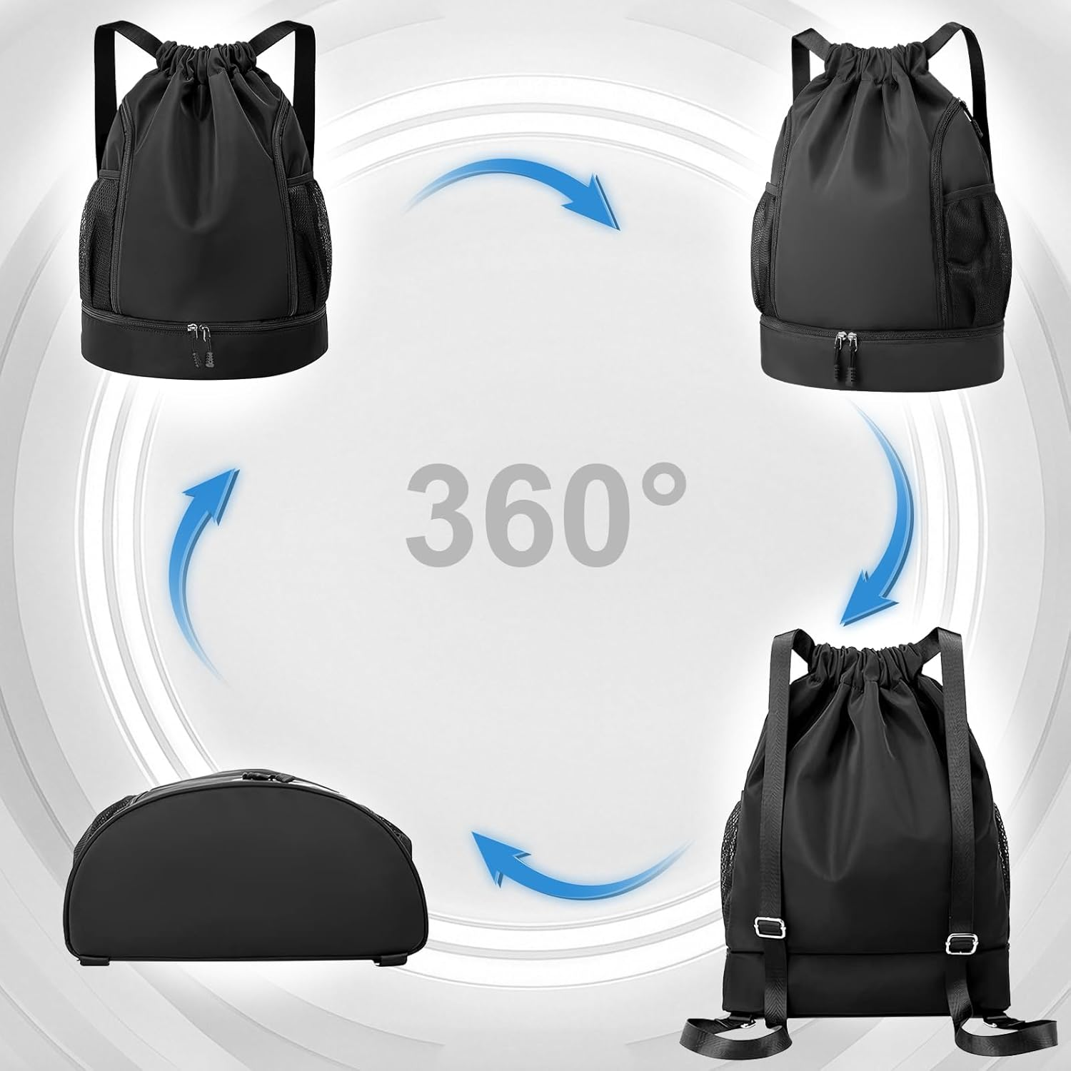 Drawstring Backpack Sports Gym Bag, Water Resistant String Bag Gym Sports Bag, Shoe Compartment Side Mesh Pockets Bulk Cinch Bag for Women Men - Black image number 4