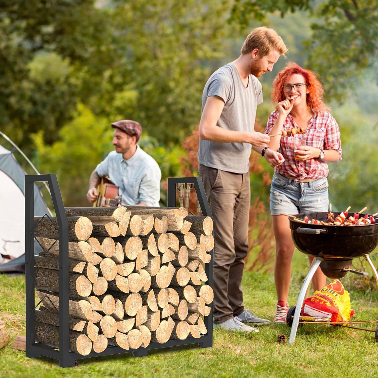 Firewood Rack for Outdoor, Firewood Holder with 3 Hanging Hooks, Heavy Duty Wood Rack for Indoor Outdoor Patio, Black image number 2