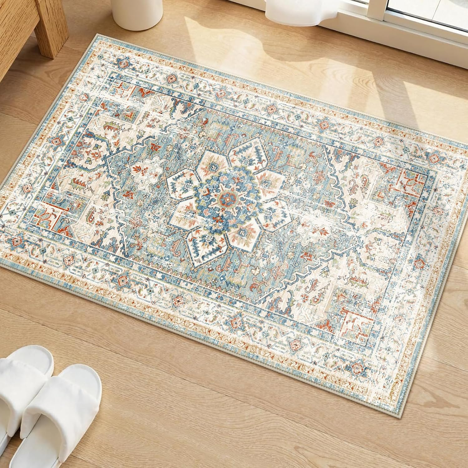 UZU 60X90Cm Non-Slip Machine Washable Entryway Rug, Indoor Door Mat Faux Cashmere Carpet Soft Durable Low Pile Area Rugs with Anti-Slip Backing for Bedroom Kitchen Bathroom Laundry Room - Home Decor