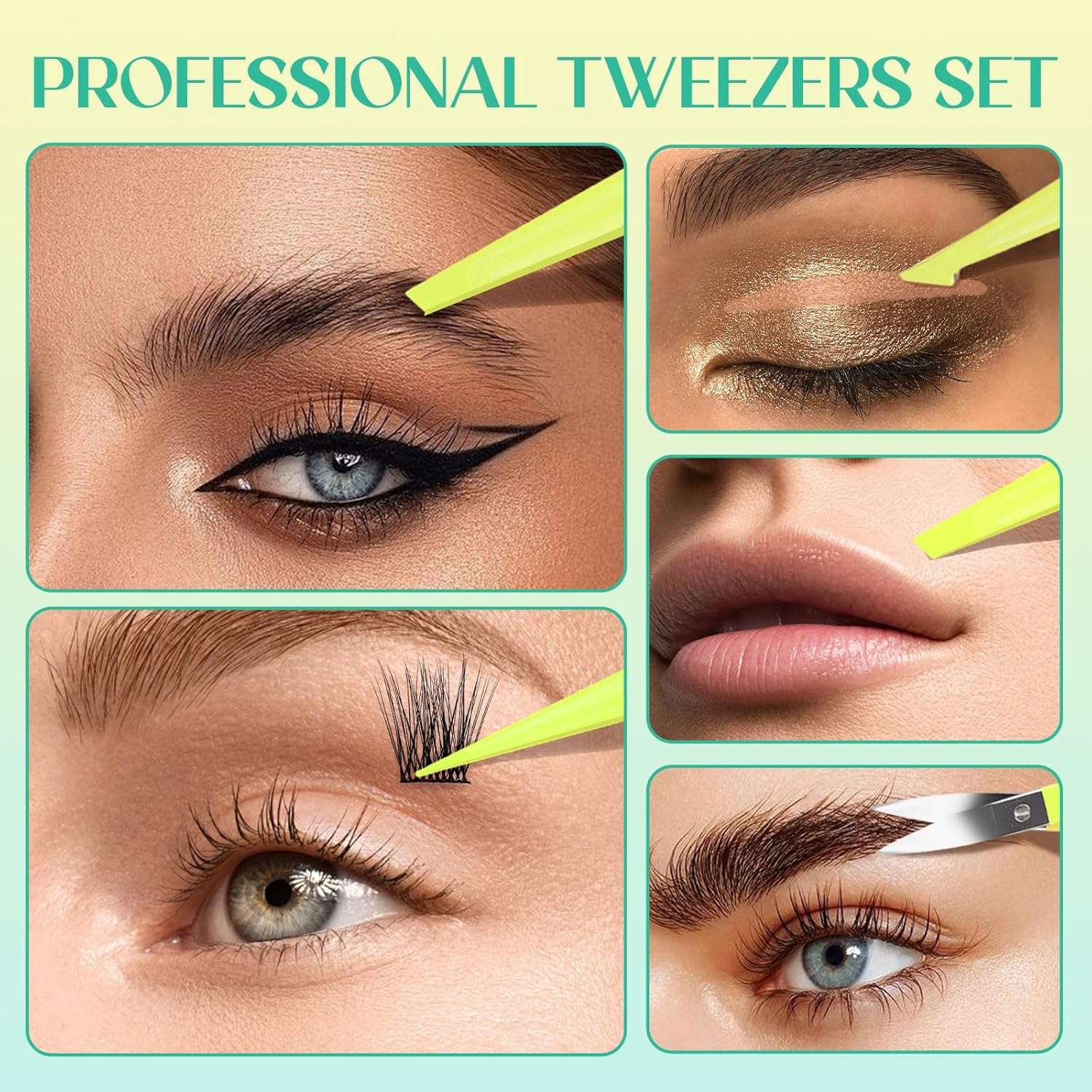 Eyebrow Tweezers Set, 5Pcs Tweezers for Women Facial Hair, Eyebrow Scissors for Ingrown Hair Removal, Professional Stainless Steel Precision Tweezers, Eyebrow Tweezers for Women &Men (Lemon) - Lemon image number 2