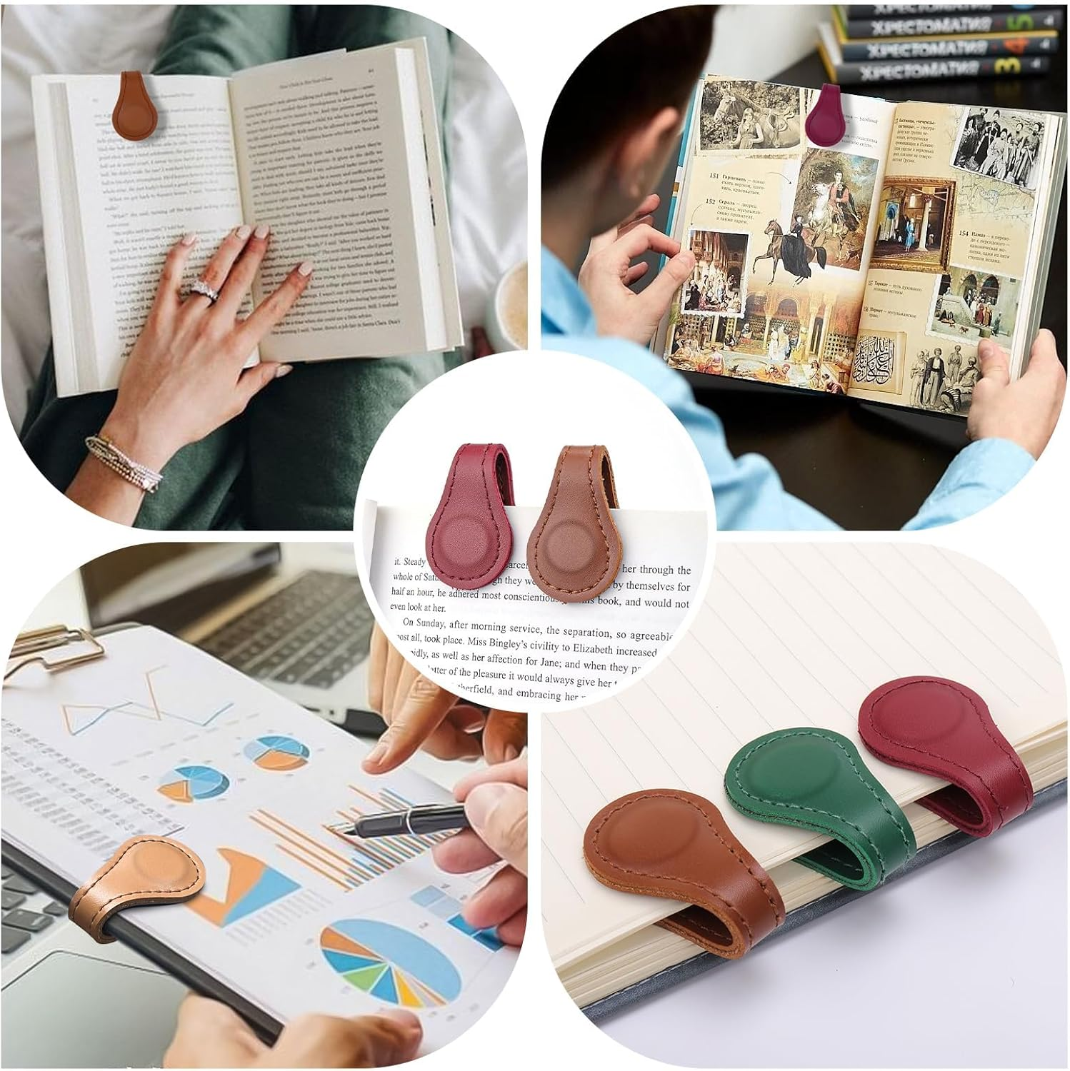 Liangang 4PCS Magnetic Bookmarks, Leather Magnetic Bookmarks for Women, Double-Sided Magnetic Book Mark Clip Gift for Book Lover Readers Men Women Teachers Students, Book Accessories