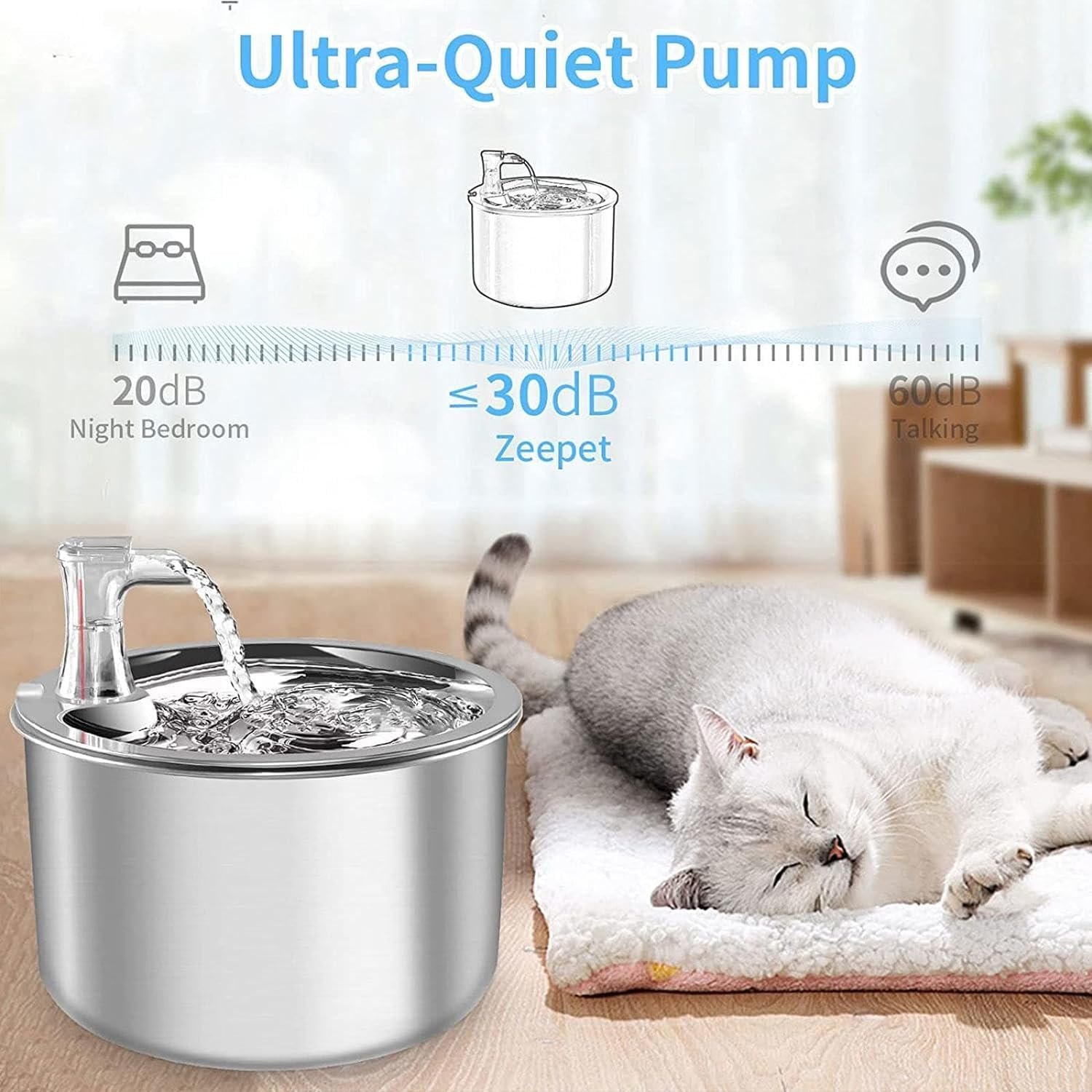 Dog Water Bowl 2L/67OZ Automati Pet Water Fountain Stainless Steel inside Ultra-Quiet Pump Cat Water Fountain for Small/Large Cats and Dogs Pet Bowl image number 3