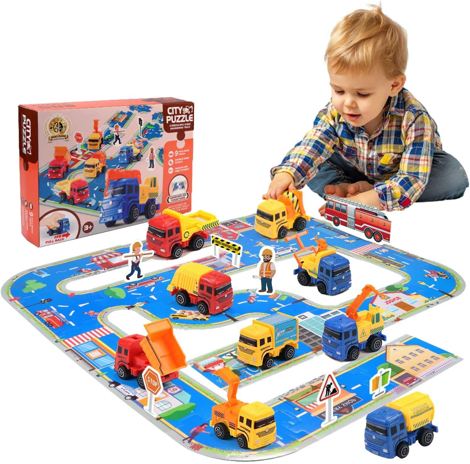 Pull Back City Cars and Trucks Toy Die Cast Vehicle Set Model Car, Friction Powered Mini Car Pack Toy Set with Play Mat, City Puzzle Engineering Car Set Toys for Kids 3 4 5 6 7 8 Years Old Boy Gifts image number 6