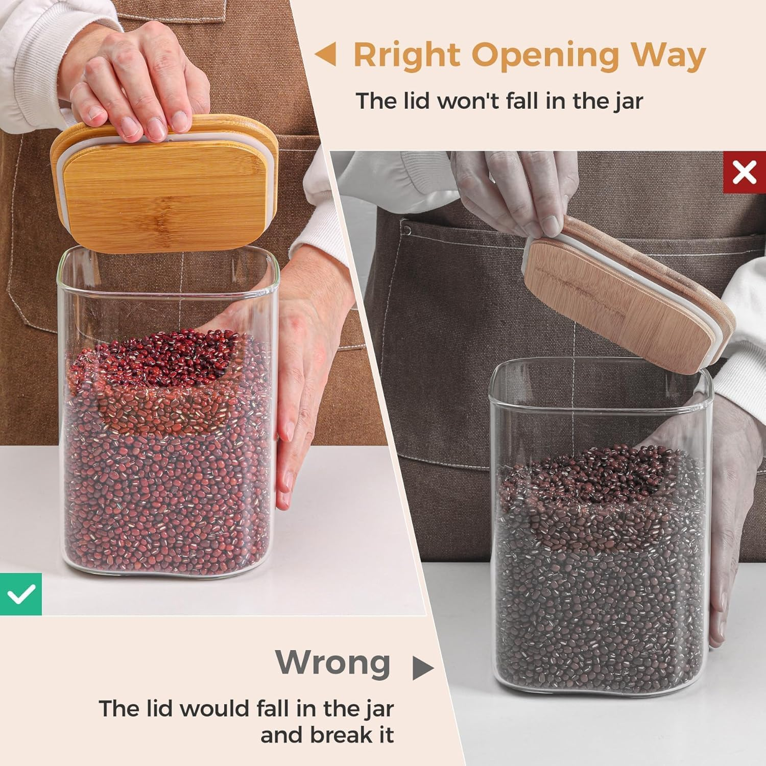 Comsaf Glass Pantry Storage Containers, 4350/1500Ml Large Square Flour and Sugar Containers with Airtight Lids, Gallon Glass Jars with Bamboo Lids for Cereal, Rice, Pasta, Cookies, Coffee Beans image number 4