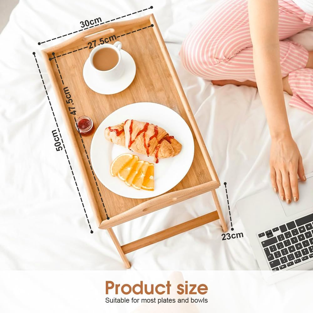 Clevinger Bamboo Bed Breakfast Tray, Breakfast Serving Table with Foldable Legs & Handles, Used as Laptop Computer Desk Snack Table TV Table,Snack Tray for Kids,Couples,Sofa,Eating,Working (1 Pack) - 2 Pack image number 6