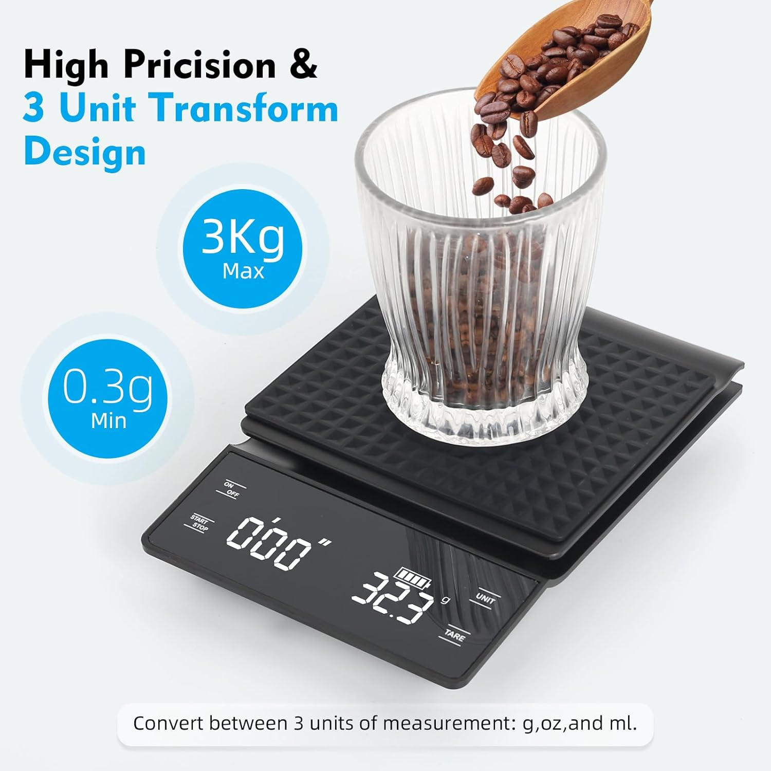 Coffee Scale with Timer, 0.1G Precision Espresso/Food Weight Scale up to 3Kg, Kitchen Scales with LED Display Tare Function Touch Control with Insulation Pad Rechargeable image number 4