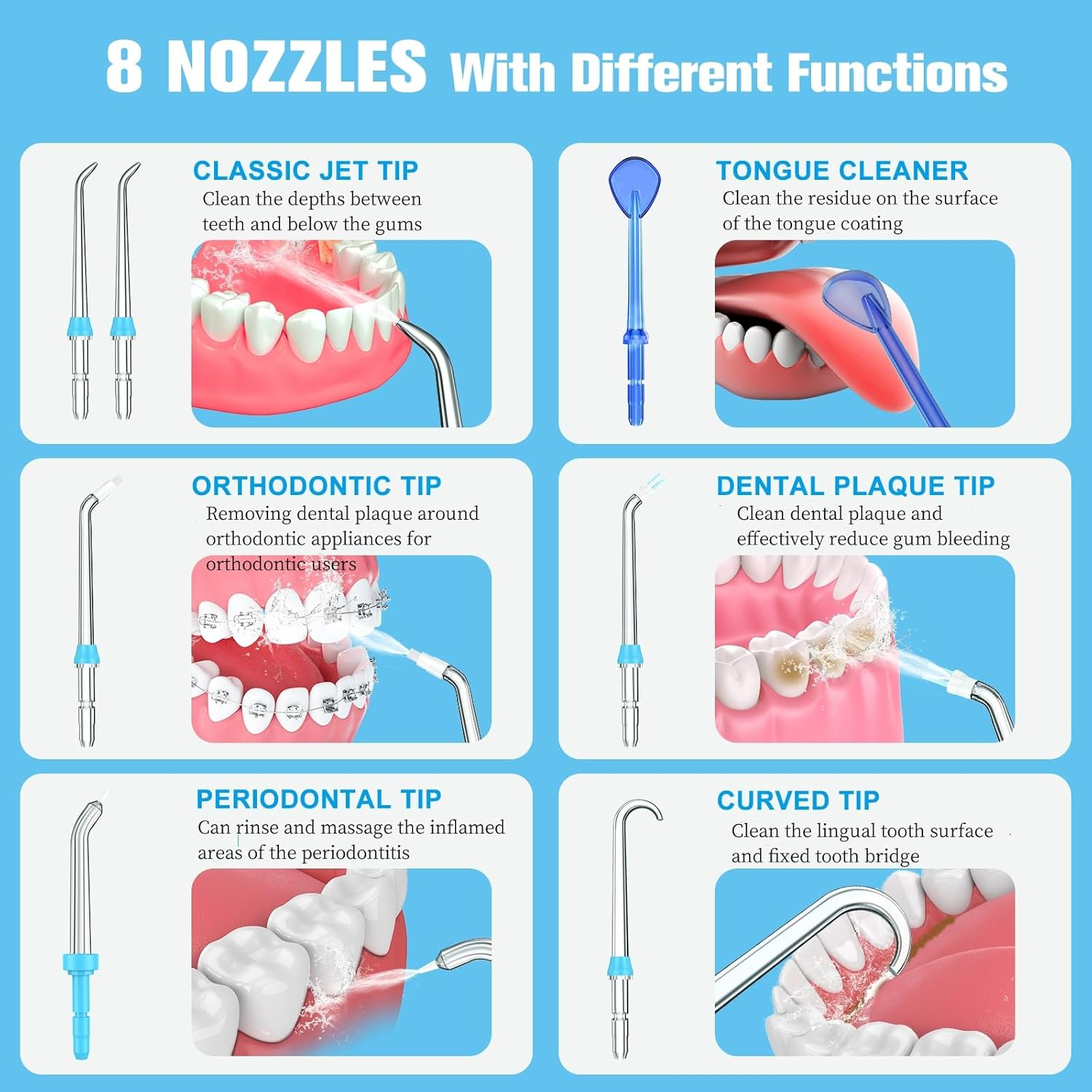 Replacement Tips for Waterpik Water Flosser,Replacement Classic Jet Tips Compatible with Waterpik Oral Irrigator,Replacement Brush Heads for Waterpik,8 Pcs Replacement Parts for Waterpik image number 4