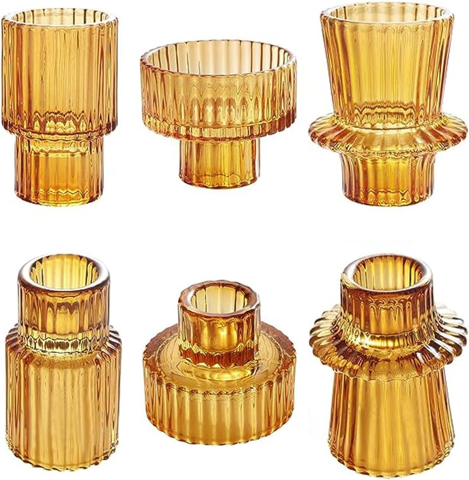 Taper Amber Glass Candle Holder 3Pcs for Pillar Candles, Tealight Candles Holders, Candlestick Holders for Wedding, Festival, Dinning&Party (3PCS, Amber)