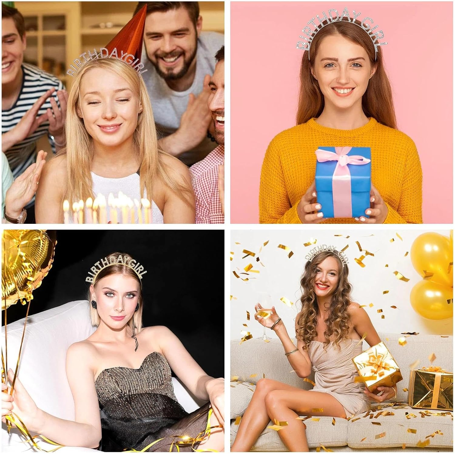 Dinghaole 2 Pcs Birthday Girl Headband Crown, Gold Silver Happy Birthday Crown Bling Rhinestone Hair Band, Princess Tiara Sweet Happy Birthday Accessories for Women Girls Party Festival Decorations image number 6