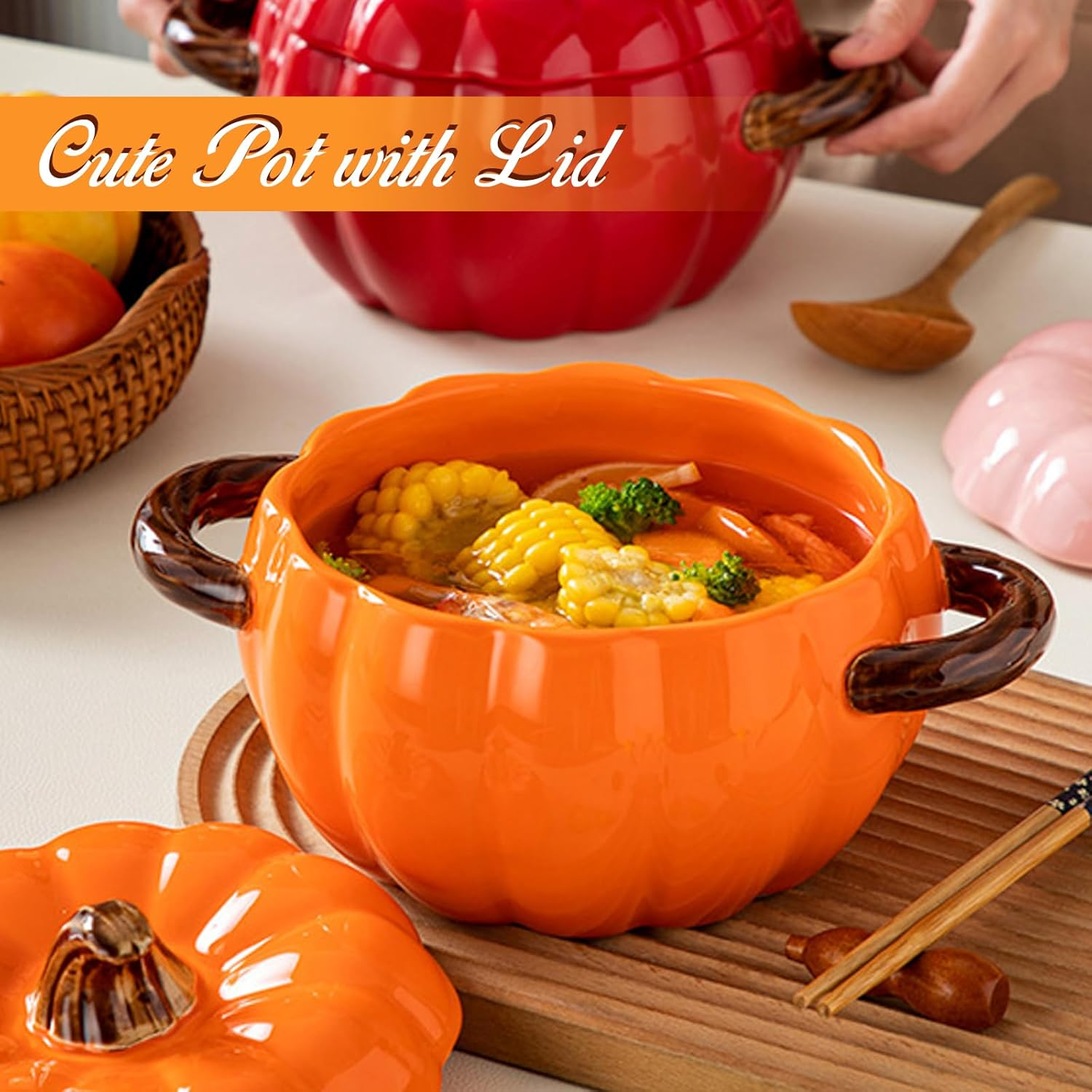 Soup Pot with Lid, 51 Ounce Pottery Dutch Oven, Mini Baking Dish Cute Pumpkin Pot, Ceramic Dessert Saucepan, Double Ear Pumpkin Cookware for Home Thanksgiving Halloween Party (Orange) - Orange image number 5
