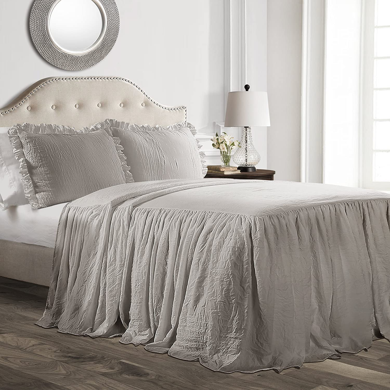 Lush Decor Ruffle Skirt Bedspread 3 Piece Set, King, Neutral - Beige King Bedding - Ruffled Bedspread - Vintage Farmhouse Decor