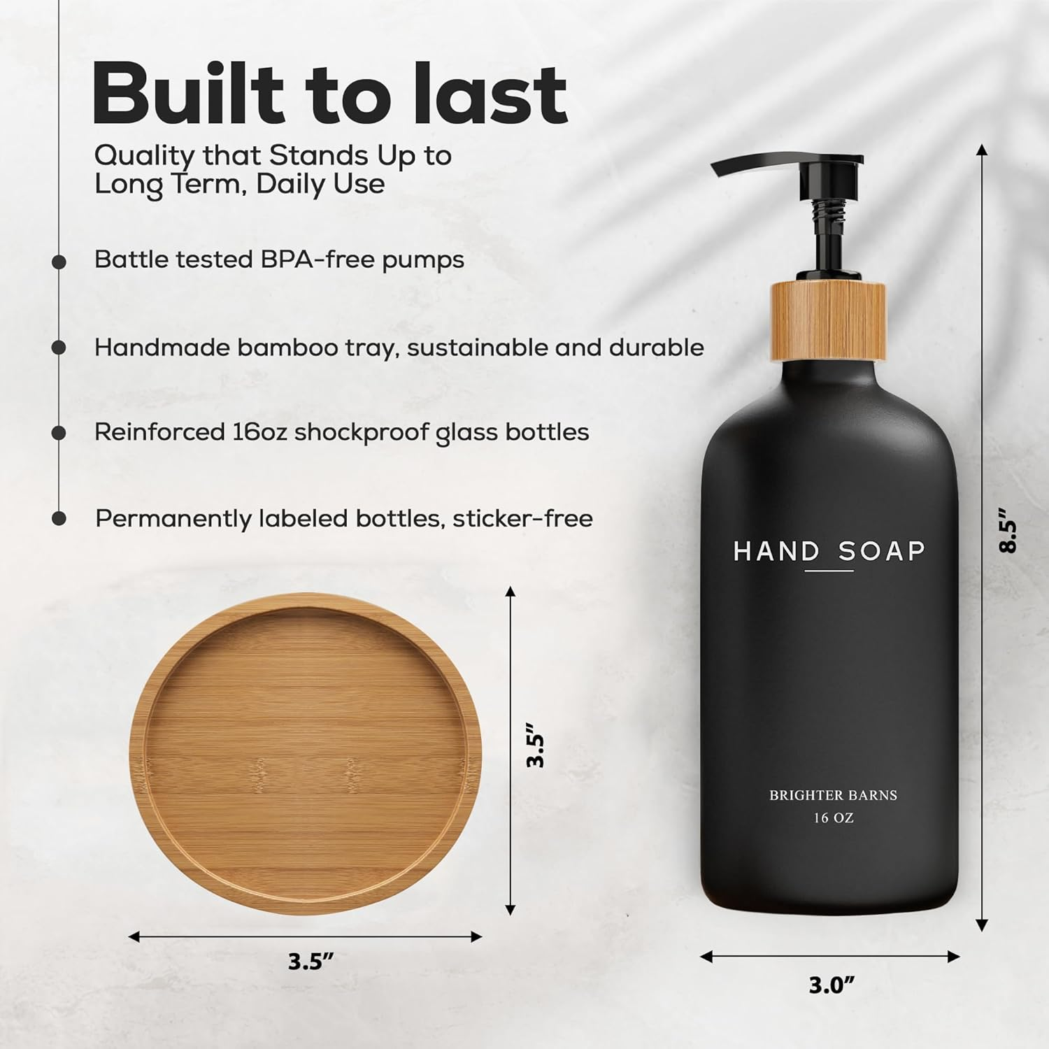 Black Glass Hand Soap Dispenser Bathroom Set by Brighter Barns - Bathroom Soap Dispenser Set with Tray - Glass Pump Bottle - Luxury Bathroom Accessories for Hotel, Vacation Rental, Restaurants (Black) image number 3