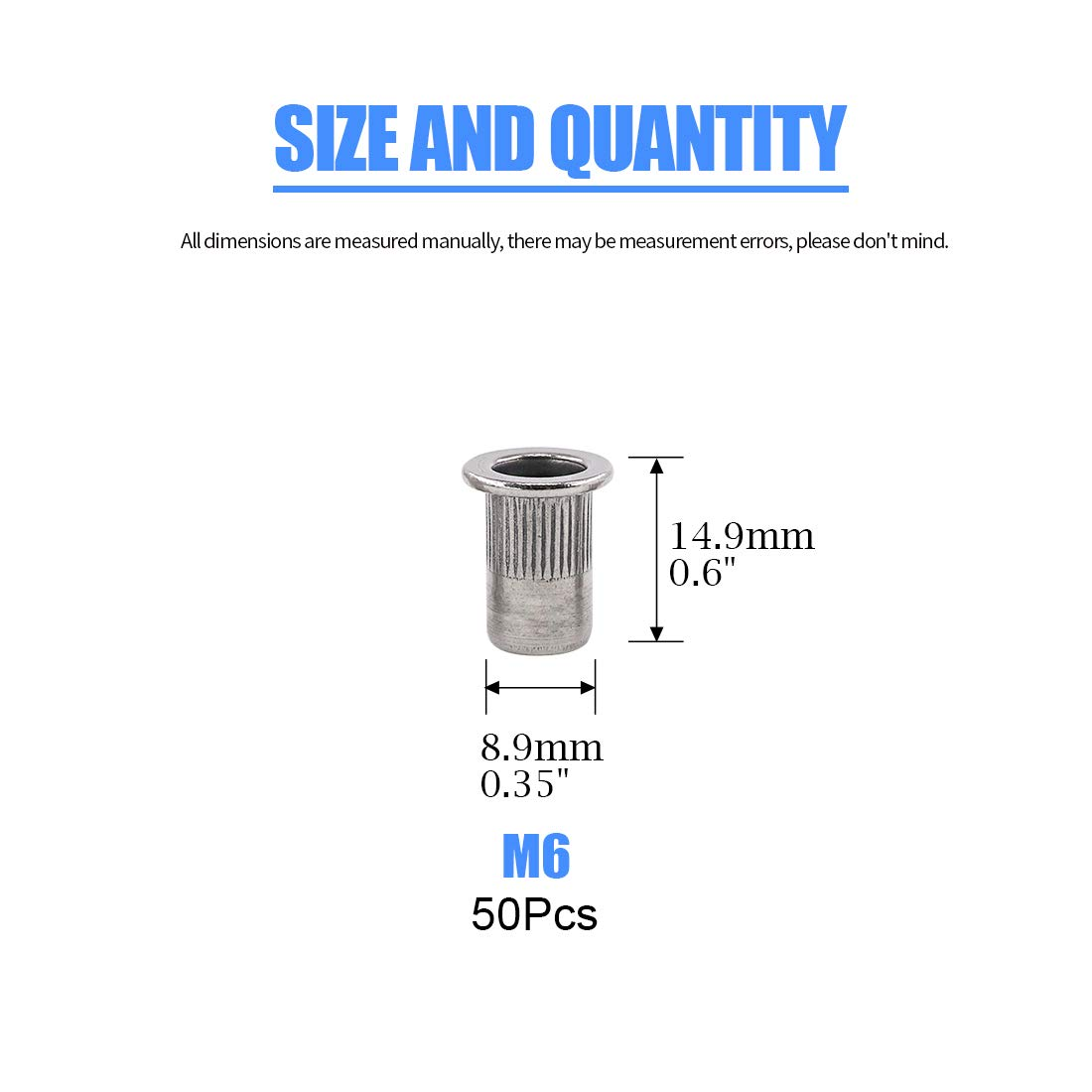 Glarks 50Pcs 304 Stainless Steel M6 Flat Head Threaded Rivetnut Insert Nutsert Rivet Nut Set (M6) image number 6