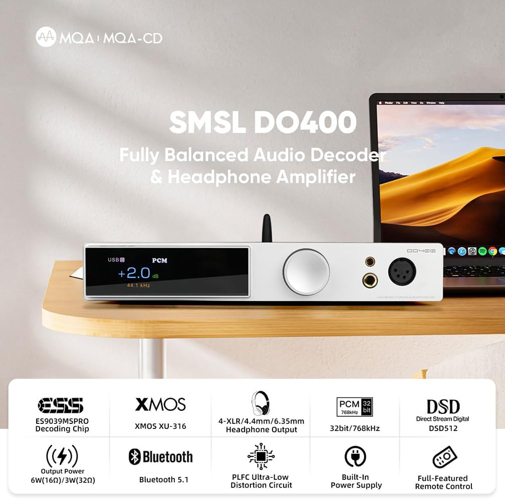 SMSL DO400 Full Balanced DAC Headphone Amp, ES9039MSPRO XMOS-XU316 USB DAC, Bluetooth 5.1 LDAC, Usb/Aes/Opt/Coax MQA DAC, IIS Input DAC, 4.4Mm/6.35Mm/4-Xlr Headphone Amps with Remote Control (Silver) image number 2