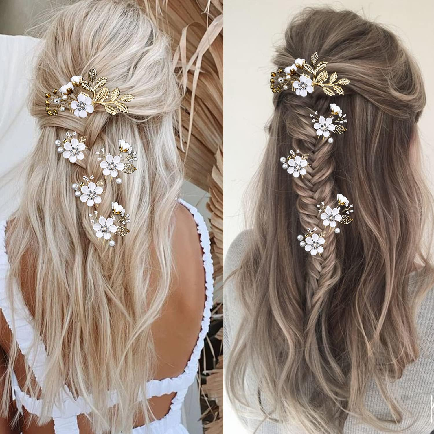 5 Pieces Bridal Flower Wedding Hair Pins Crystal Pearl Hair Pins Clips Headpiece Gold Wedding Hair Accessories Jewelry with Rhinestone for Brides Bridesmaids Women Girls Updo(Pure White Flower)