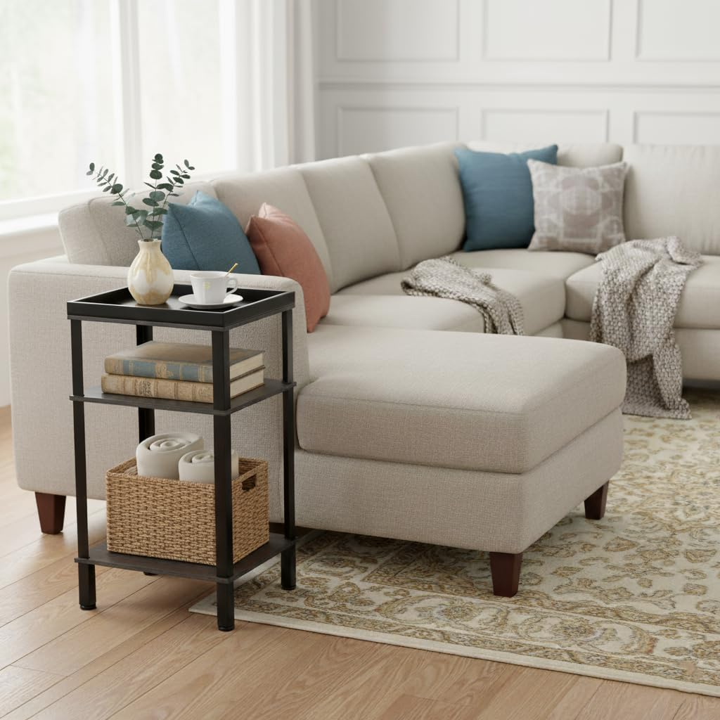 Side Table for Small Spaces,3 Tier End Table with Metal Tabletop Tray Storage Shelf, Small Narrow Thin End Table Bedside Table,Nightstand for Hallway,Living Room,Bedroom, Office (Grey) - Rustic Brown image number 2