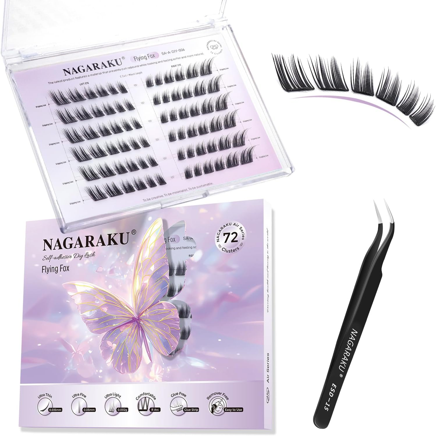 NAGARAKU Pre Glued Cluster Lashes Air Series Eyelashes Flying Fox Style 72 Pcs No Glue Needed Pre-Bond Eyelashes Self Adhesive DIY Lashes（0.07Mm C Curl Mix Length) image number 5