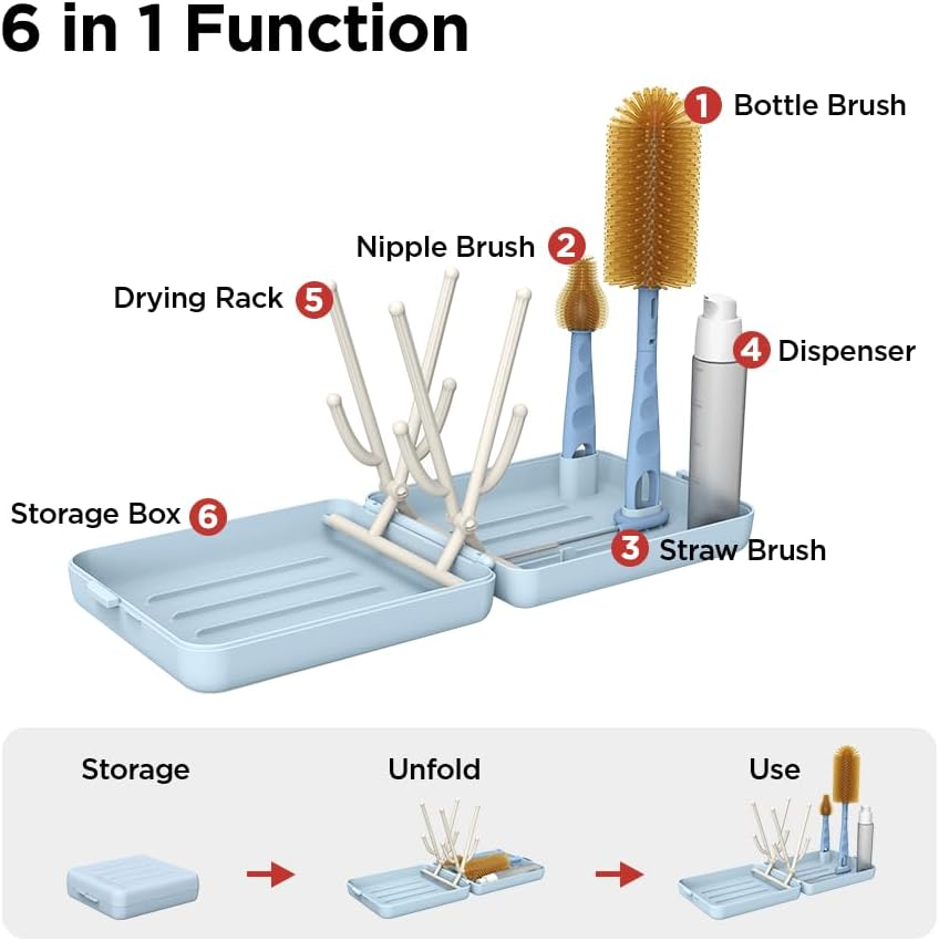 YOTIME Travel Bottle Brush, Travel Bottle Cleaner Kit with Foldable Bottle Drying Rack, for Visit Friends and Relations, Baby Travel Essentials, BPA Free, Blue - Green image number 6