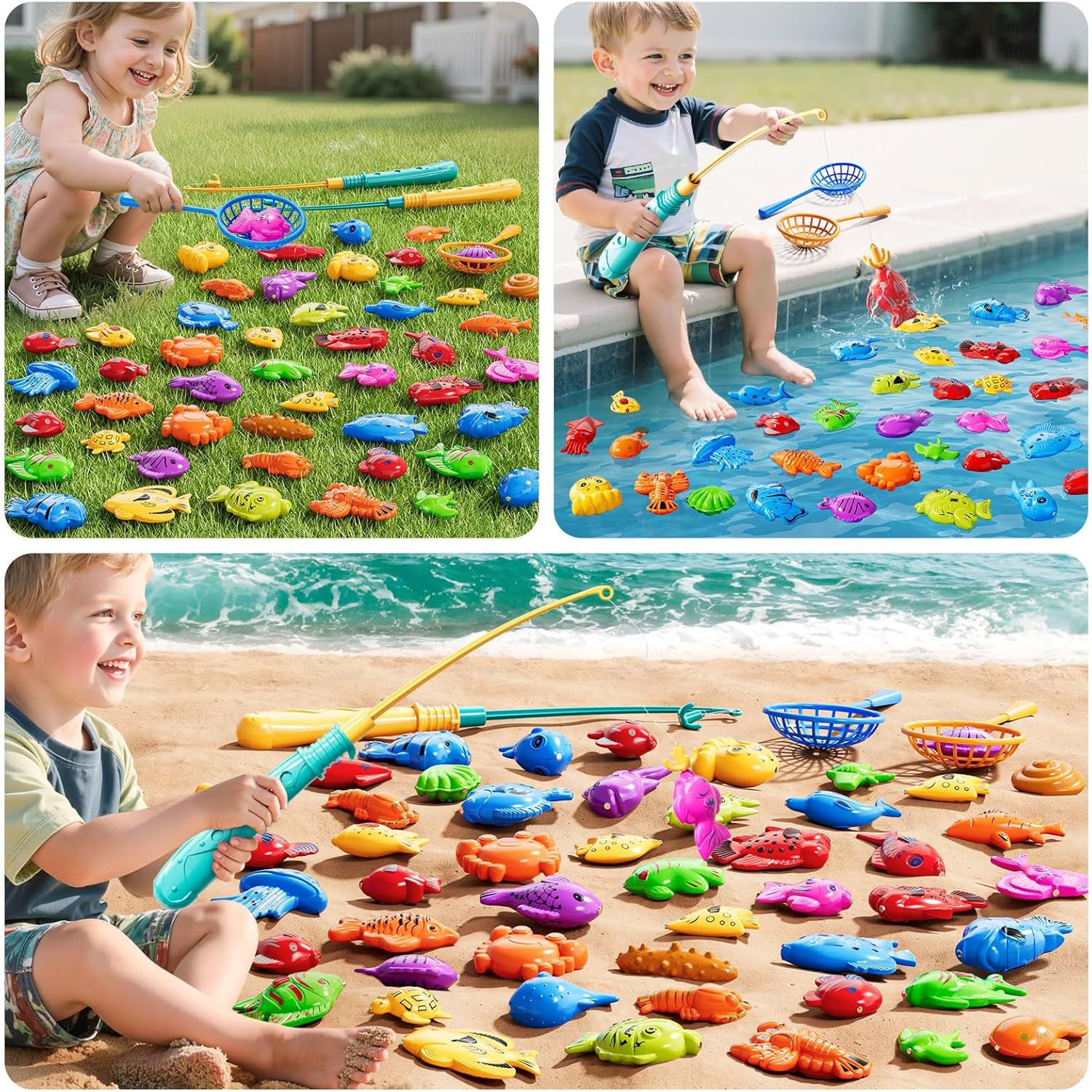 Fishing Toys Games for Kids 3 4 5 6 7 8 Year Old - Magnetism Floating Fish Toys, Pole Rod Net, Bathtub Toys, Indoor Outdoor Party Swimming Pool Playset for Toddlers Boys Girls Age 1-3 2-4 image number 1
