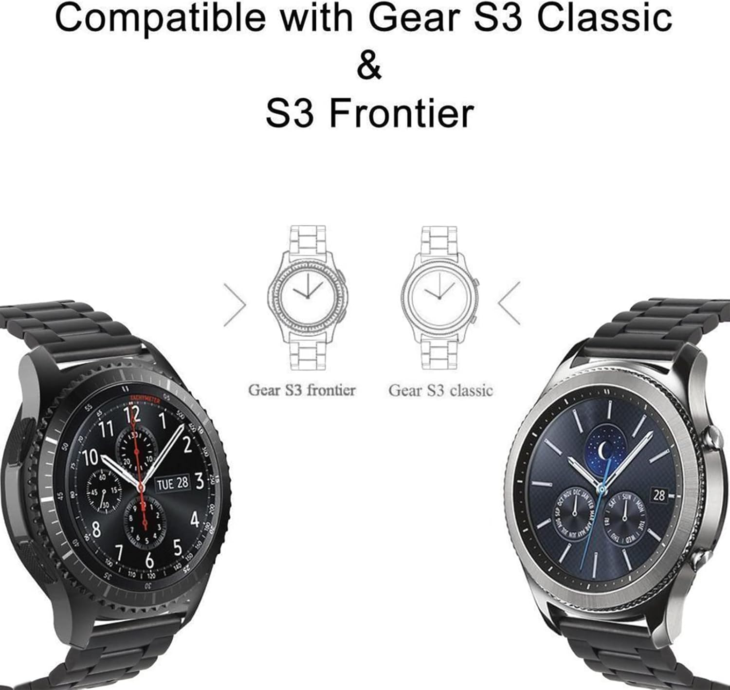 MH MOIHSING Bands Fit for Samsung Gear S3 Frontier Band/Galaxy Watch 46Mm Bands/Galaxy Watch 3 Band 45Mm, 22Mm Solid Stainless Steel Metal Business Bracelet Straps for Samsung Smartwatch, Black