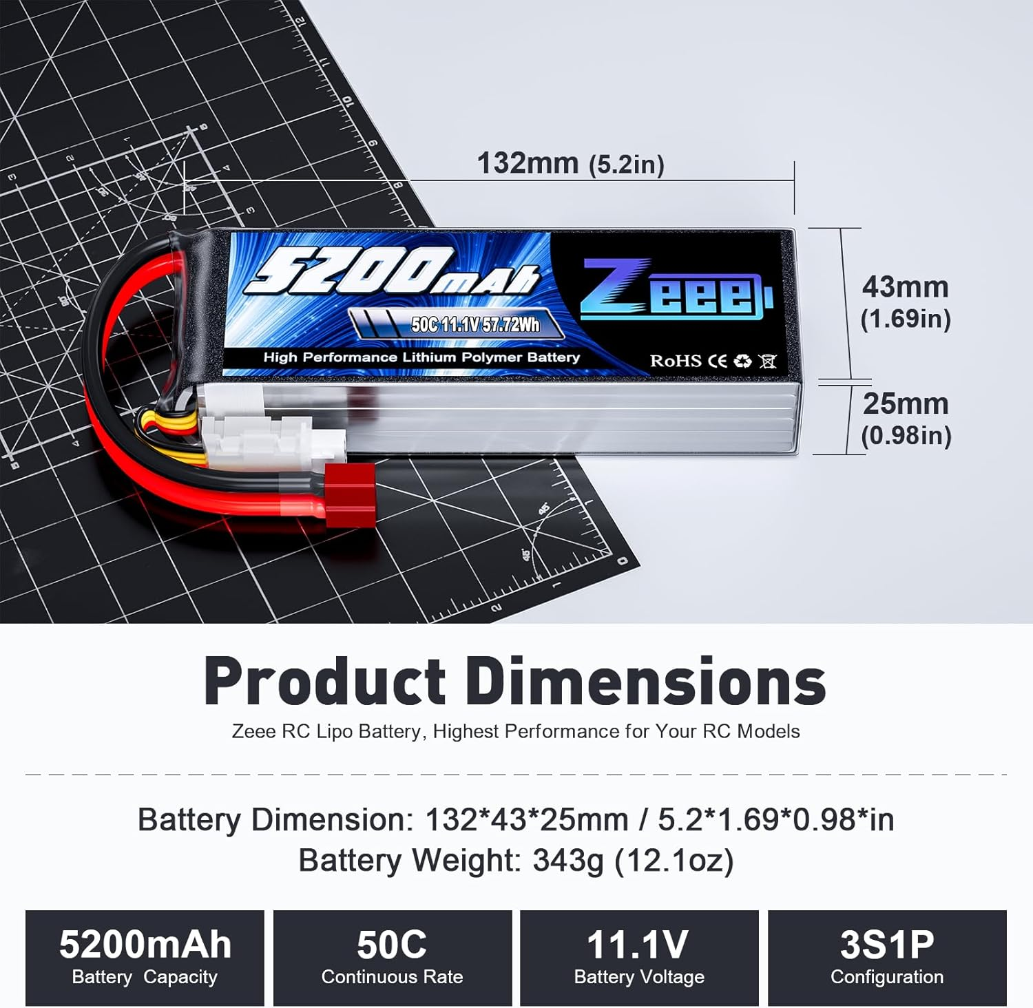 Zeee 3S Lipo Battery 5200Mah 11.1V 50C RC Battery with T Connector Compatible with RC Plane DJI Quadcopter Airplane Helicopter Car Truck Boat image number 3