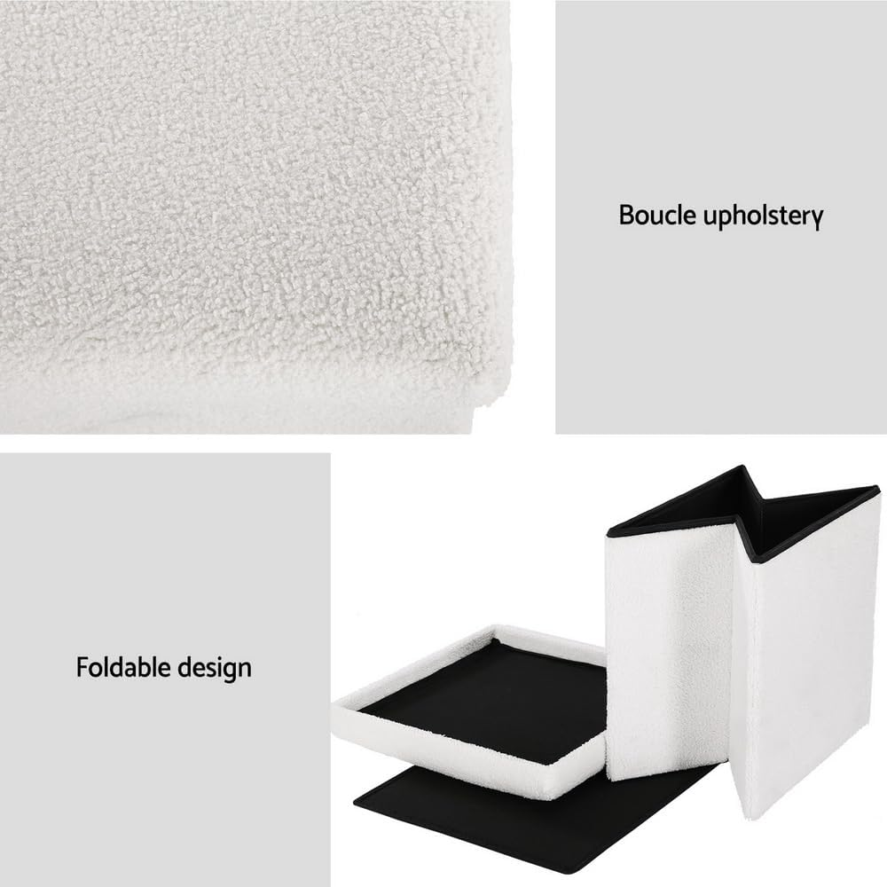 Artiss Storage Ottoman Foot Stool, Folding Lounge Foot Pouf Vanity Stool Make Up, Square Foldable Padded Seat Rest Home Decor Bedroom Hallway Office Living Room Furniture, Teddy Fabric, White image number 3