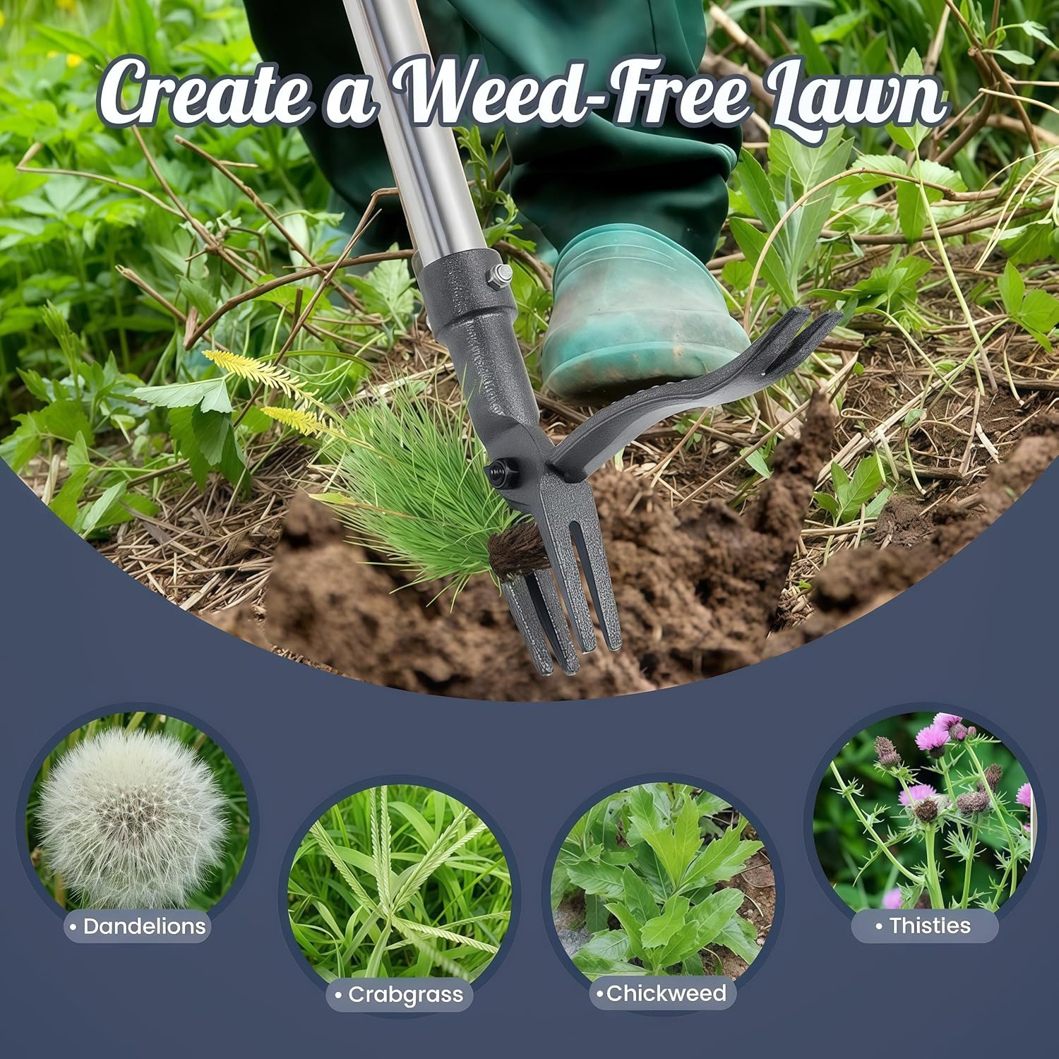 Weed Puller Tool, 4-Claw Stand up Weeder with Adjustable Long Handle for Remove Weeds without Bending, Pulling or Kneeling, Easily Remove Dandelions, Weed Tool for Lawn Yard and Garden (1, Silver) image number 1