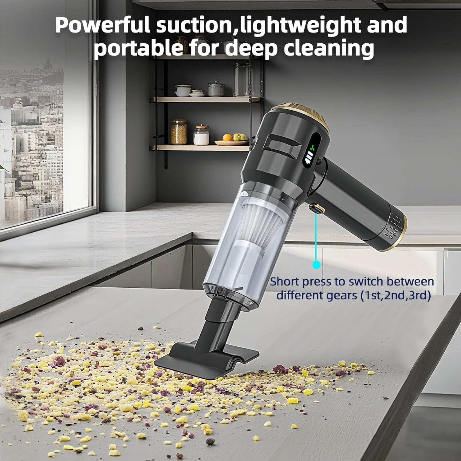 Cordless Handheld Vacuum Cleaner,Rechargeable Portable Lightweight Dust Blower,22000Pa Powerful Suction Mini Car Vacuum Cleaner for Deep Cleaning of Home,Car and Pet Hair(Black-Gold) image number 6