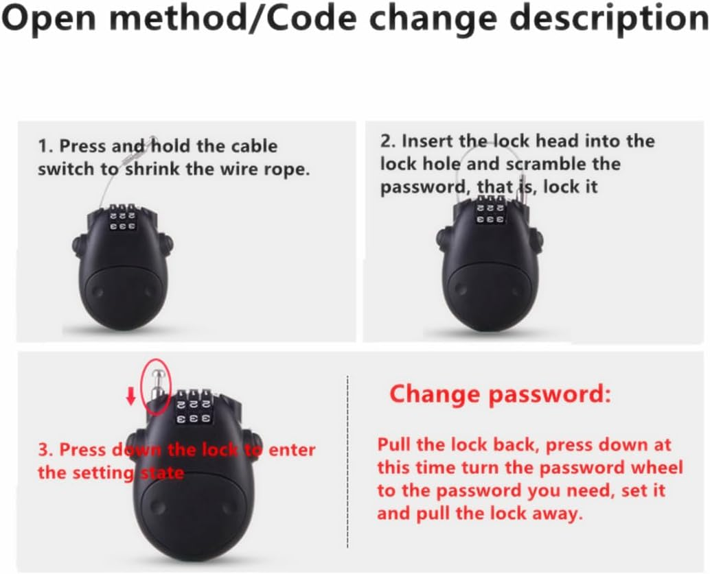 Anti-Theft Telescopic Wire Lock, 3 Position Combination Cable Padlock,Security Password Lock,Portable Padlock Locks for Luggage Locker, Wardrobe, Gym Locker,Motorcycle Helmet
