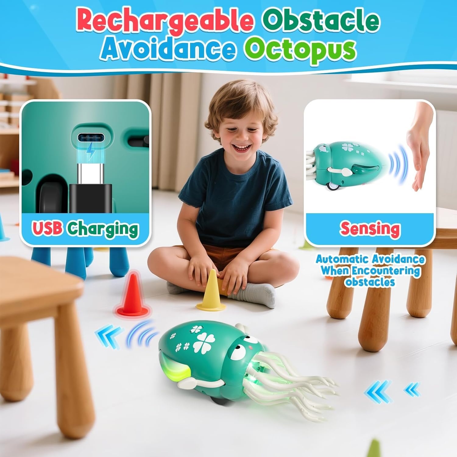 Magic Dancing Octopus Toy - Smart Obstacle-Dodging Robot with LED Light Show & Music, USB Rechargeable Tummy Time Squid Toy for Babies | Electric Crawling Octopus |Baby Toys for 3+Year Old Kids(Green) image number 2