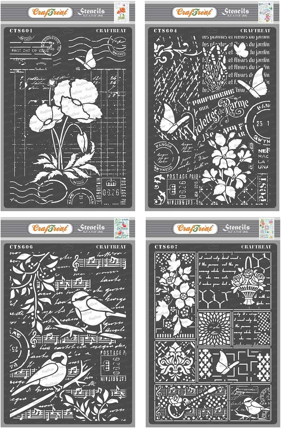 Craftreat Home Decor Stencils for Painting on Canvas, Wallart, Notebook, Room Decor and Scrapbooking - 4Pcs Ledger Poppy, Flower Collage, Bird Song Templates Stencils - A4 Size Reuseable Stencils image number 6