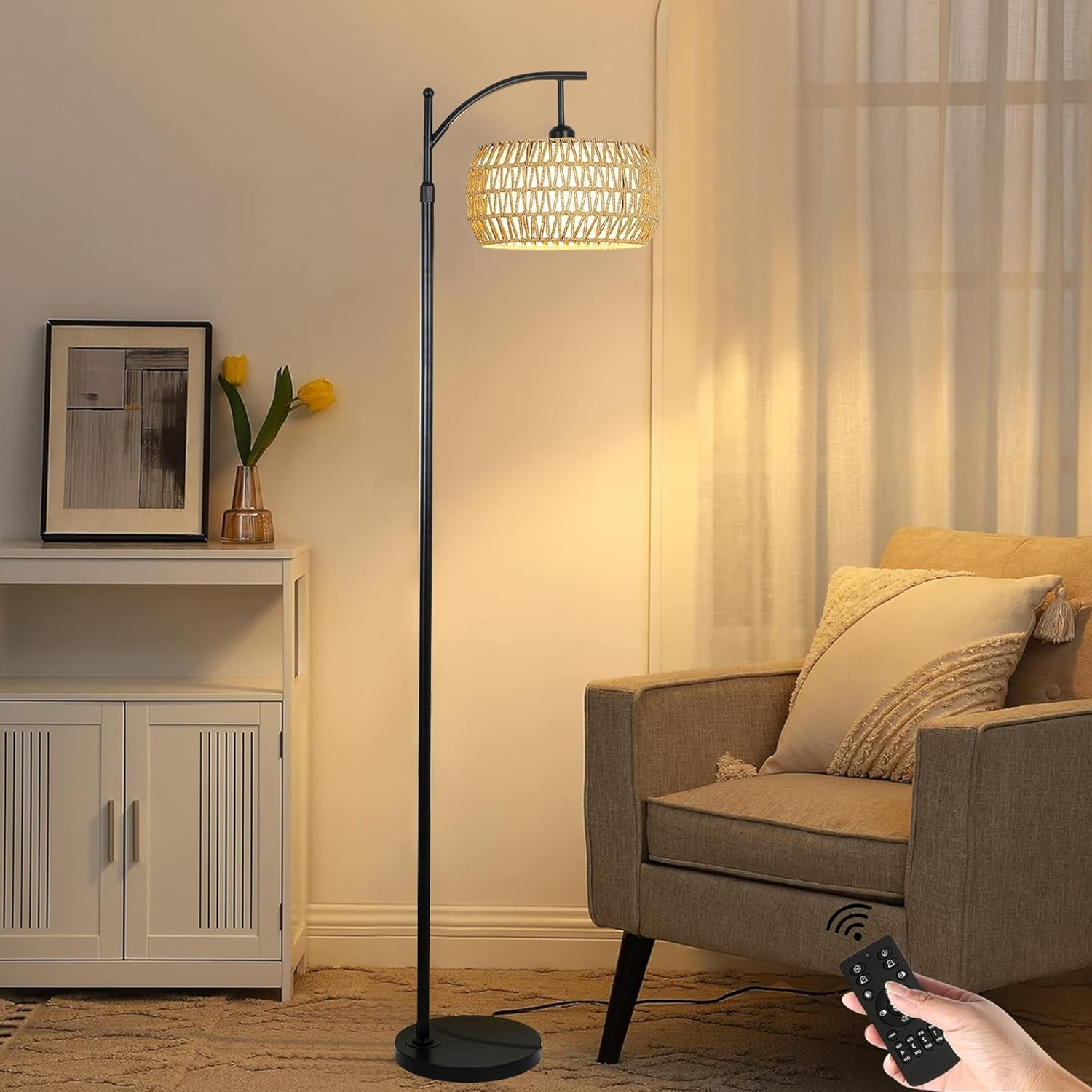 TUXOIUBA Smart Floor Lamp with Rattan Shade, 165-185Cm Adjustable Height, Remote & App Control, Dimmable LED with Timer image number 4