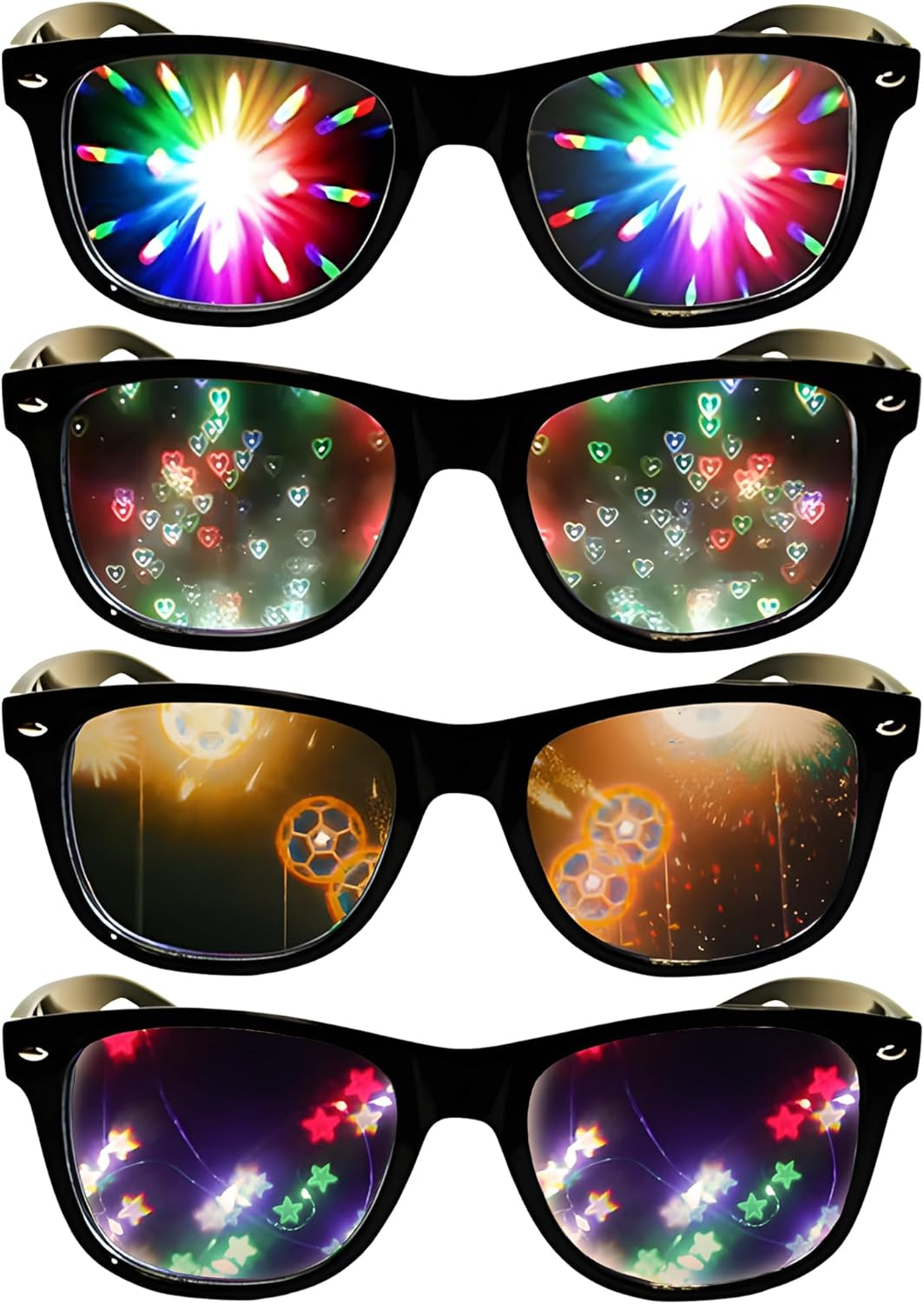 4 PCS Diffraction Glasses for Raves & Parties &ndash; 4 Kaleidoscope Effects (Heart, Star, Firework, Football), Party Sunglasses for Music Festivals, Concerts, Nightclubs & Costume Events image number 2