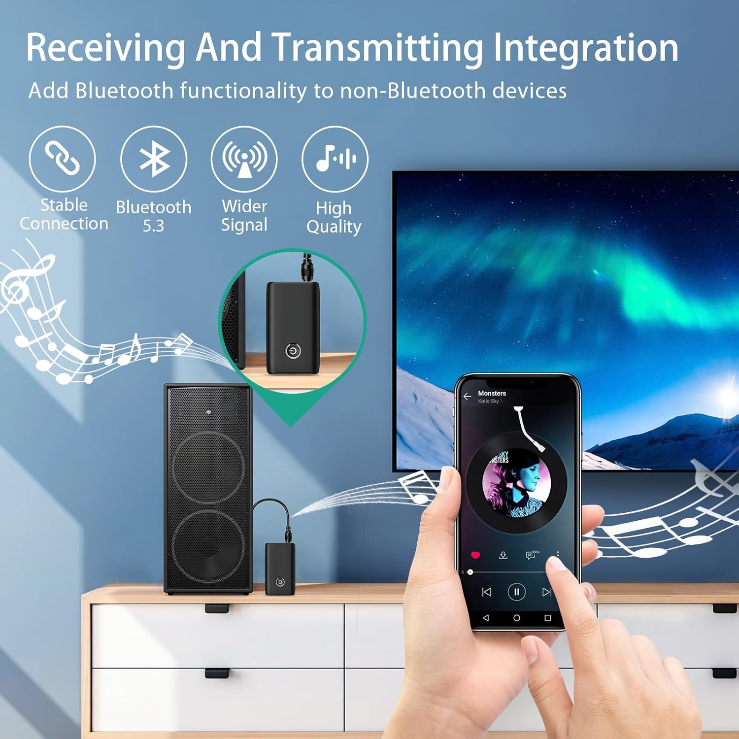 ORIA Bluetooth 5.3 Transmitter Receiver, AUX Bluetooth Adapter, Wireless Audio Adapter with Noise Reduction, Music Receiver for Home & Car Stereo, Hands Free Call, Headphones, Speakers -Black - White image number 6