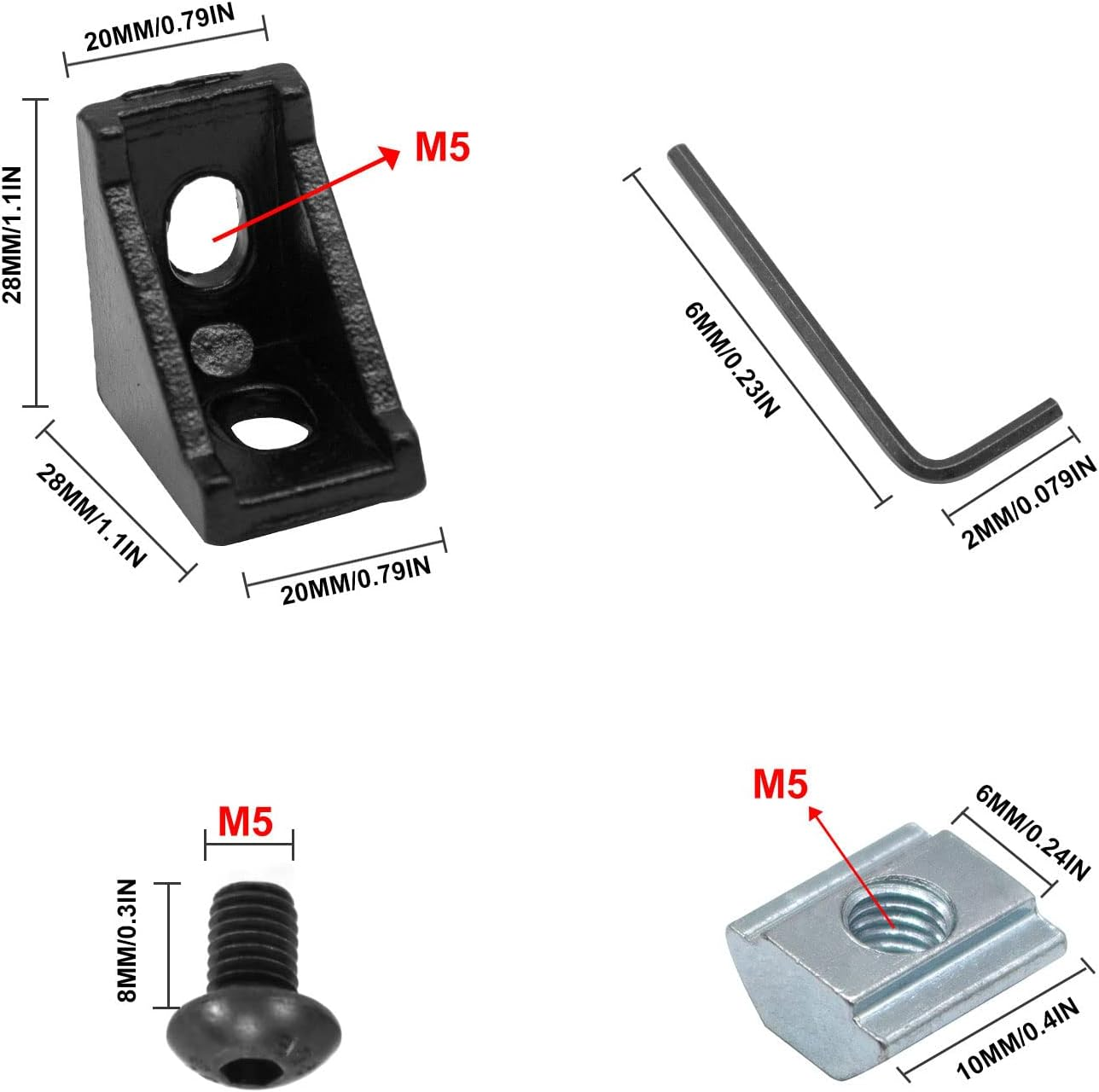 Seekliny 26Pcs 2020 Corner Bracket Connector Aluminum Extrusion Hardware V-Slot T-Slot Accessories with T Nuts and Screws for 8020 Aluminum Profile 3D Printer Frame Accessories Black image number 6