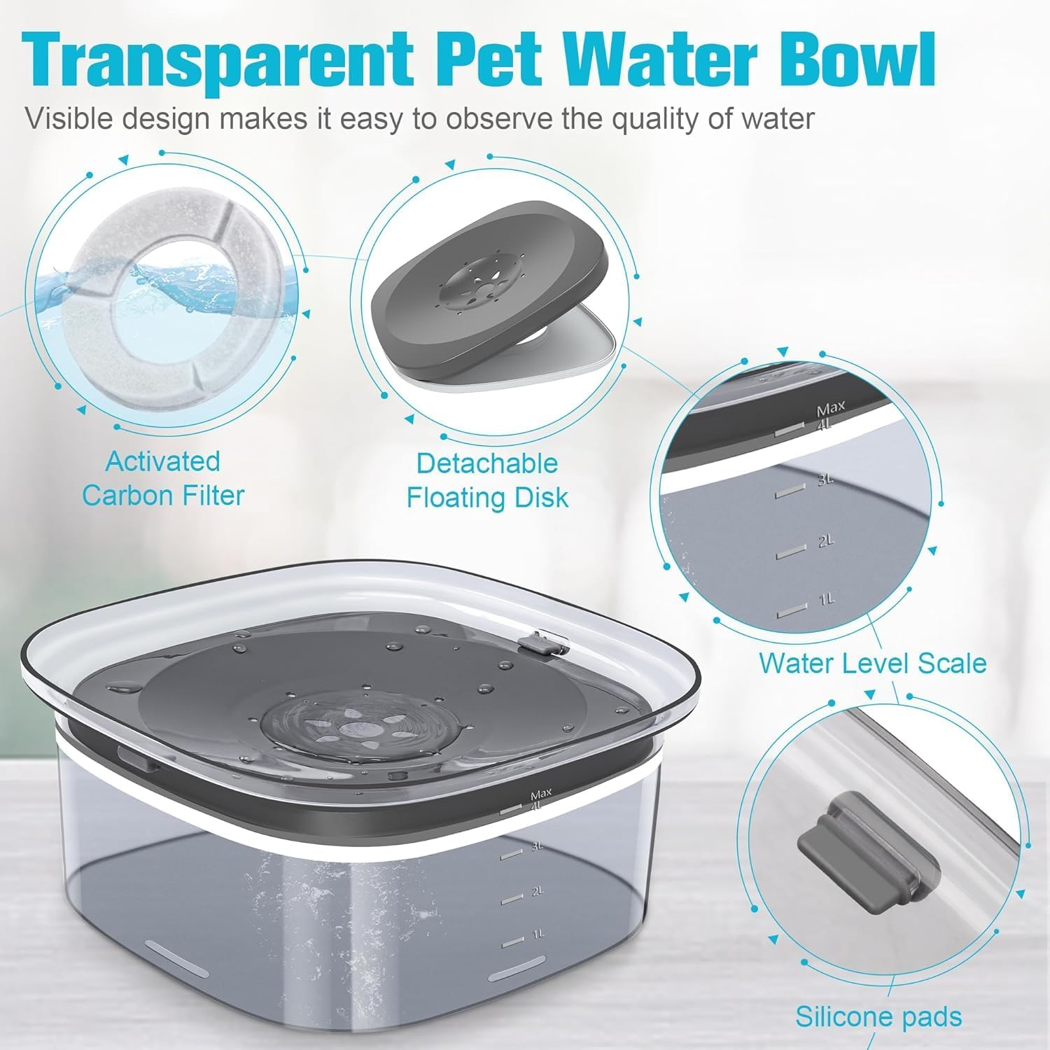 Dog Water Bowl 4L,135Oz No Spill Dog Bowl Large Capacity Slow Water Feeder with Carbon Filter, Splash Proof Pet Water Dispenser Vehicle Carried Travel Slow Drinking Water Bowl for Dogs, Cats (Grey) image number 5