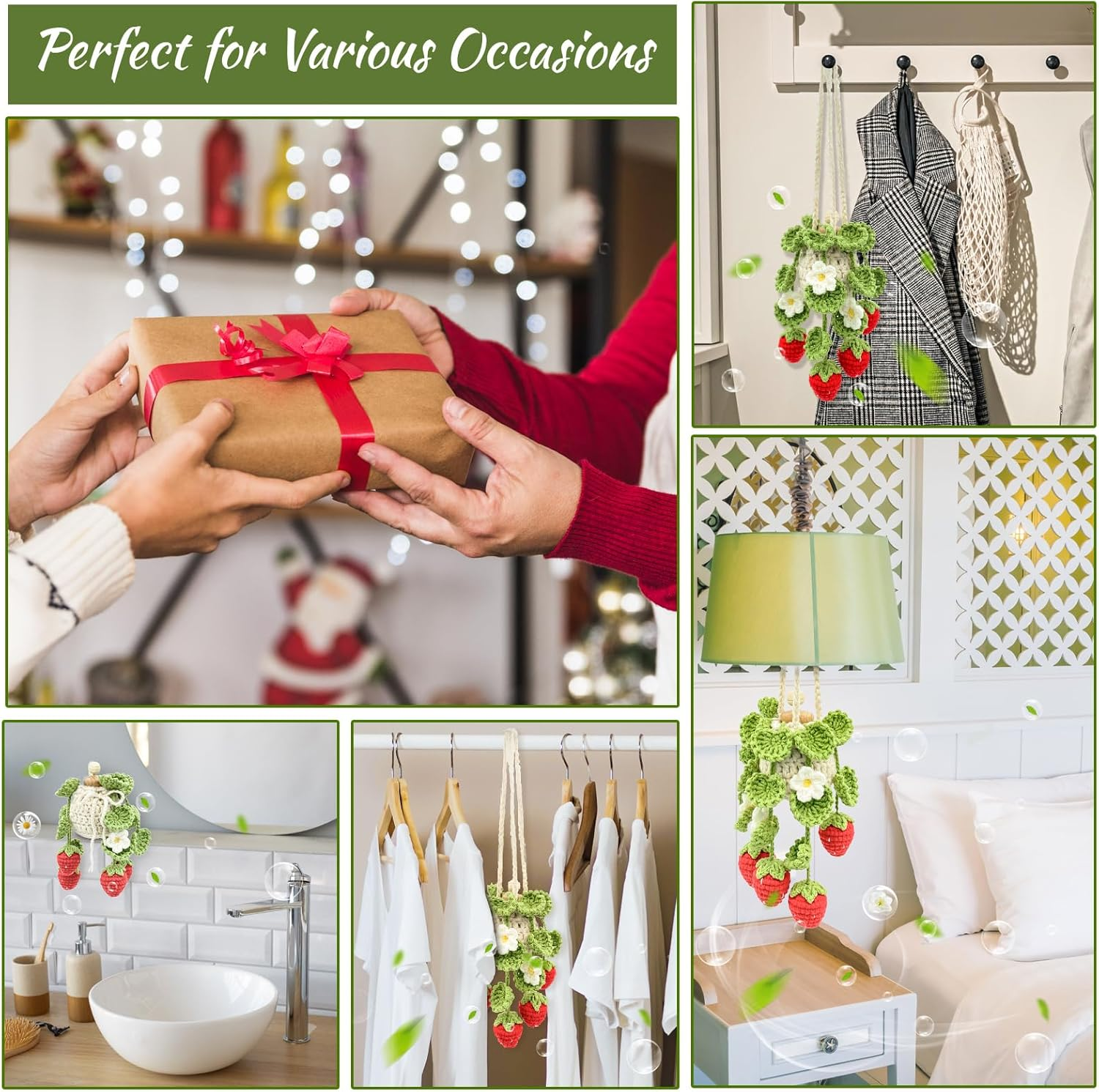 Crochet Car Air Freshener, 15Ml Empty Refillable Oil Diffuser Bottle with Hanging Crochet Strawberry Plant for Car Rearview Mirror Decor Air Freshener Diffuser for Home and Office Decor(Strawberry) image number 6