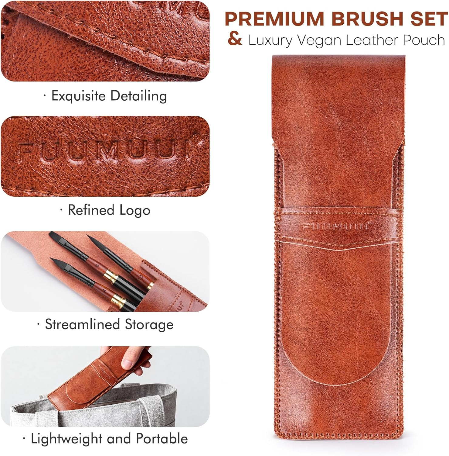 Dual Tip Travel Watercolor Brushes - 3Pcs Synthetic Squirrel Hair Set of 6 Versatile Tips with Leather Pouch Perfect for Watercolor Gouache Ink Painting image number 2