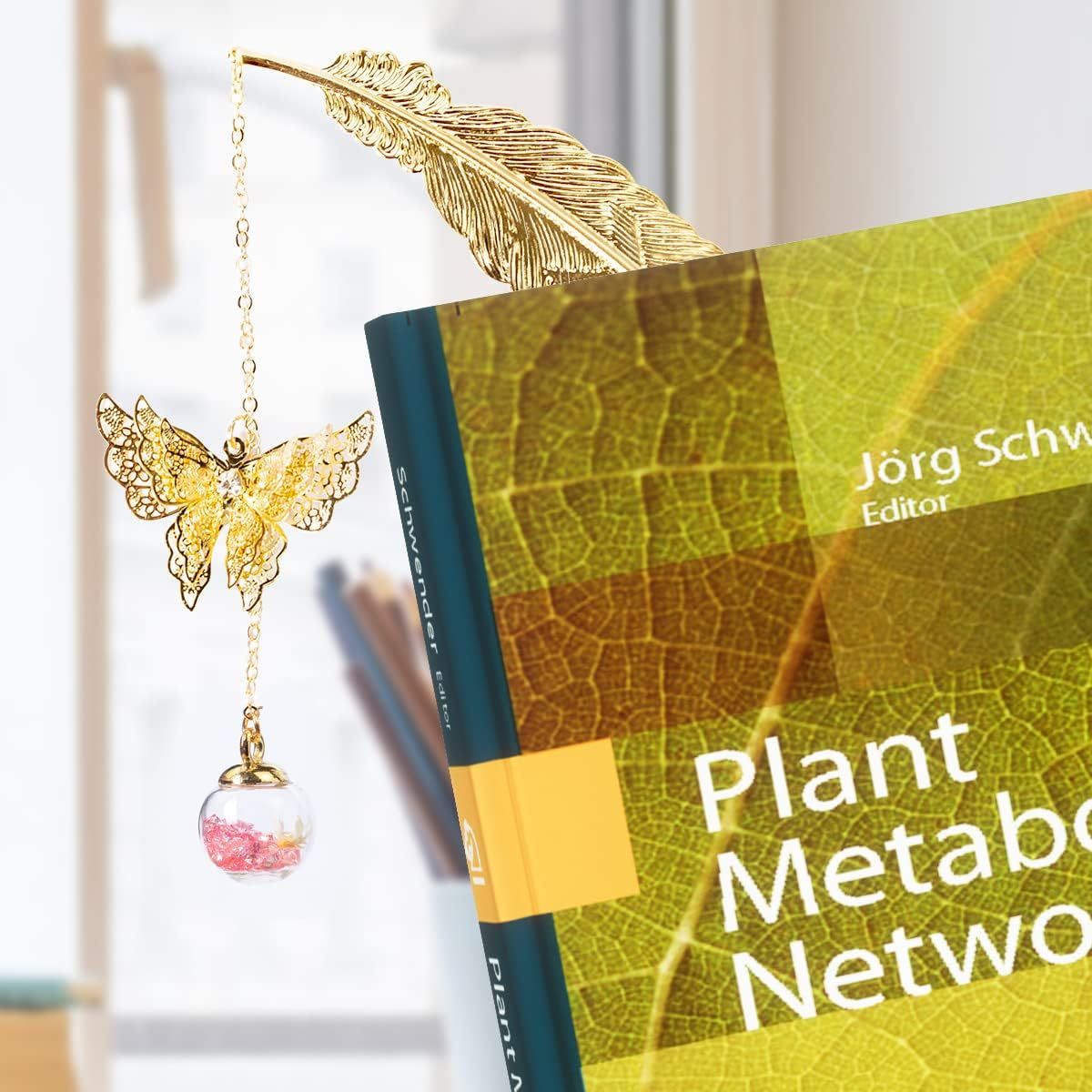 Metal Feather Bookmark with 3D Butterfly and Glass Bead Pendant, Exquisite Bookmark Book Marker for Book Lover, Teachers, Friends, Grandma, Woman and Kids (Silver Feather Pink Ball White F) - Golden Feather Bell image number 5