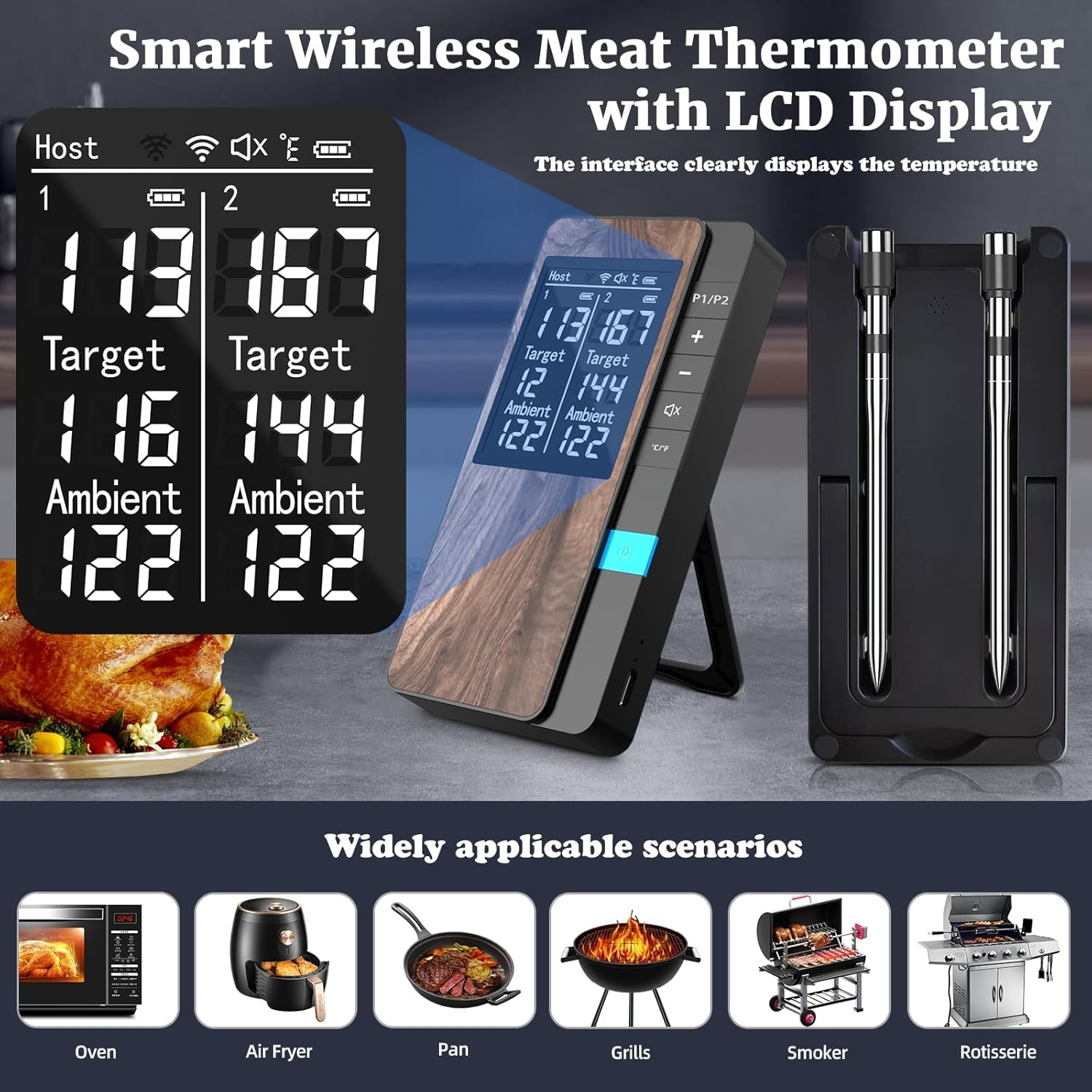 Kisfam Wireless Meat Thermometer - Bluetooth Thermometer with Dual Meat Probe, 373M Range, App Control for BBQ, Grill, Smoker, Oven image number 4