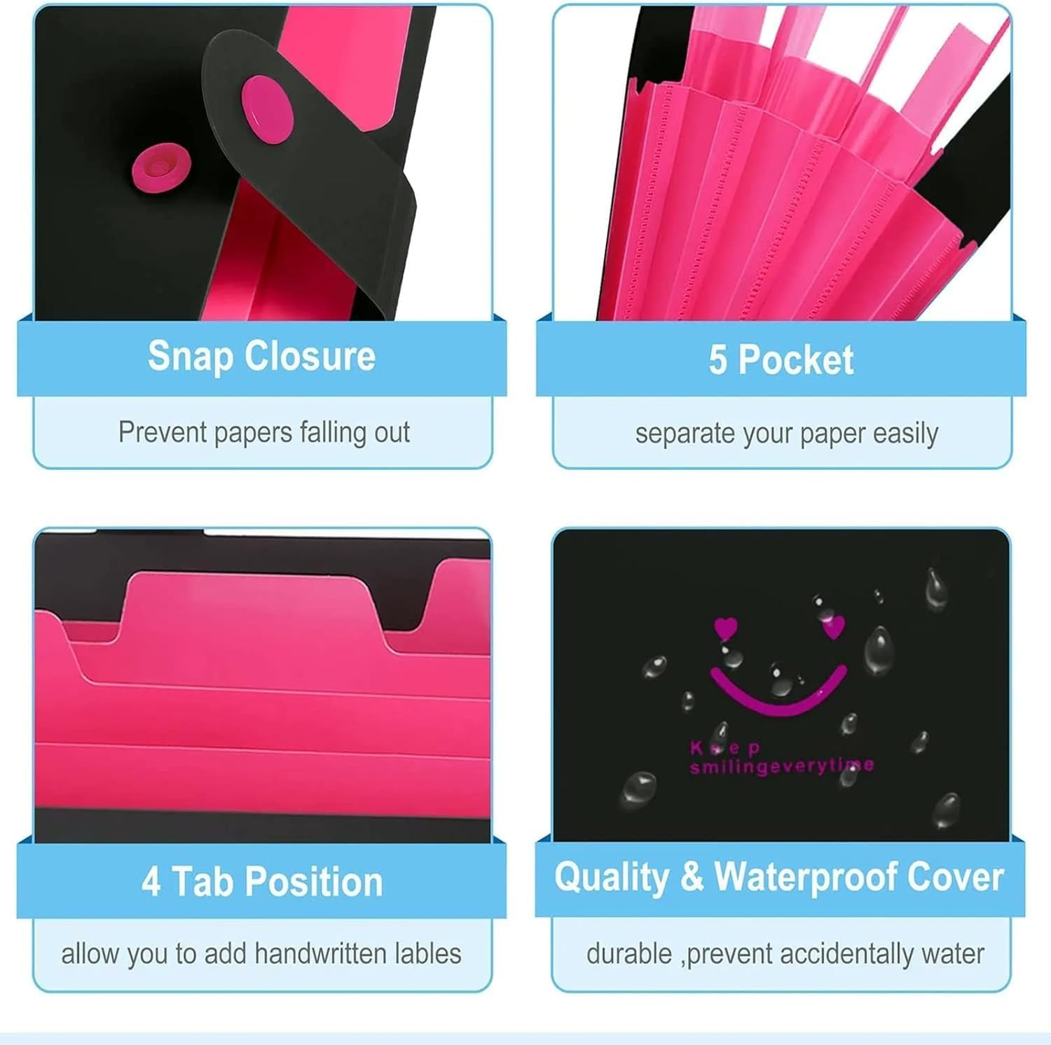 SOVYOULIVE 10PCS Expanding File Folder with Labels, 5 Pocket A4 Letter Size Accordion File Organizer for Document School Office Supplies(10 Colors) image number 2