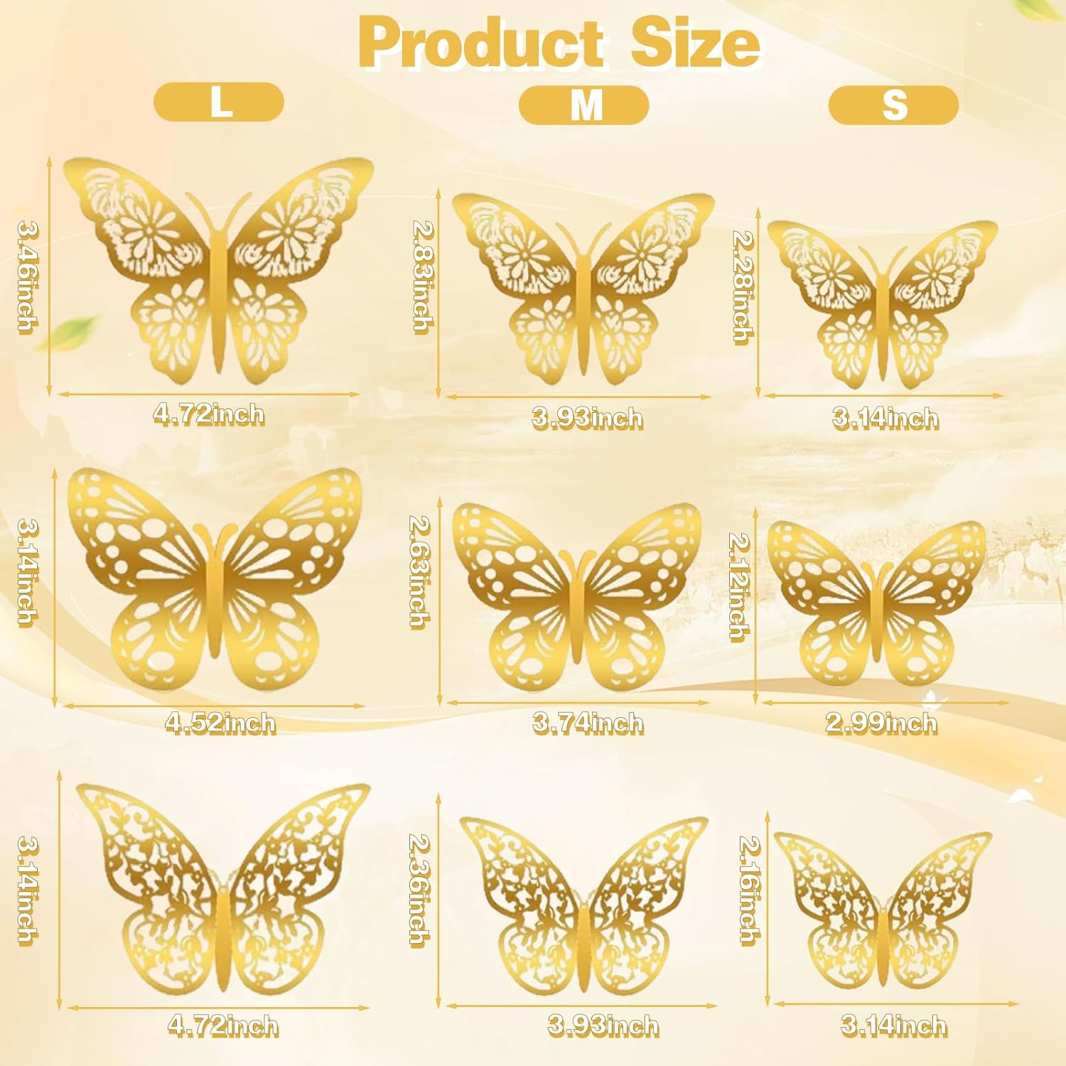72PCS 3D Butterfly Wall Decorative Stickers 3 Sizes 3 Styles Butterfly Party Decorations Removable Birthday Decorations DIY Gifts Suitable for Girls Bedroom Living Room Study Bathroom (Gold) image number 4