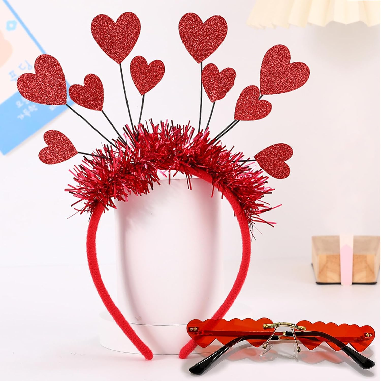 HXUING Heart Headband Glitter with Heart Shape Glasses, Heart-Shaped Headband, Heart Headband, Red Sequins, Heart Headband, Party Glasses, Hair Bands, Hair Accessories for Valentine'S Day, Wedding, image number 4