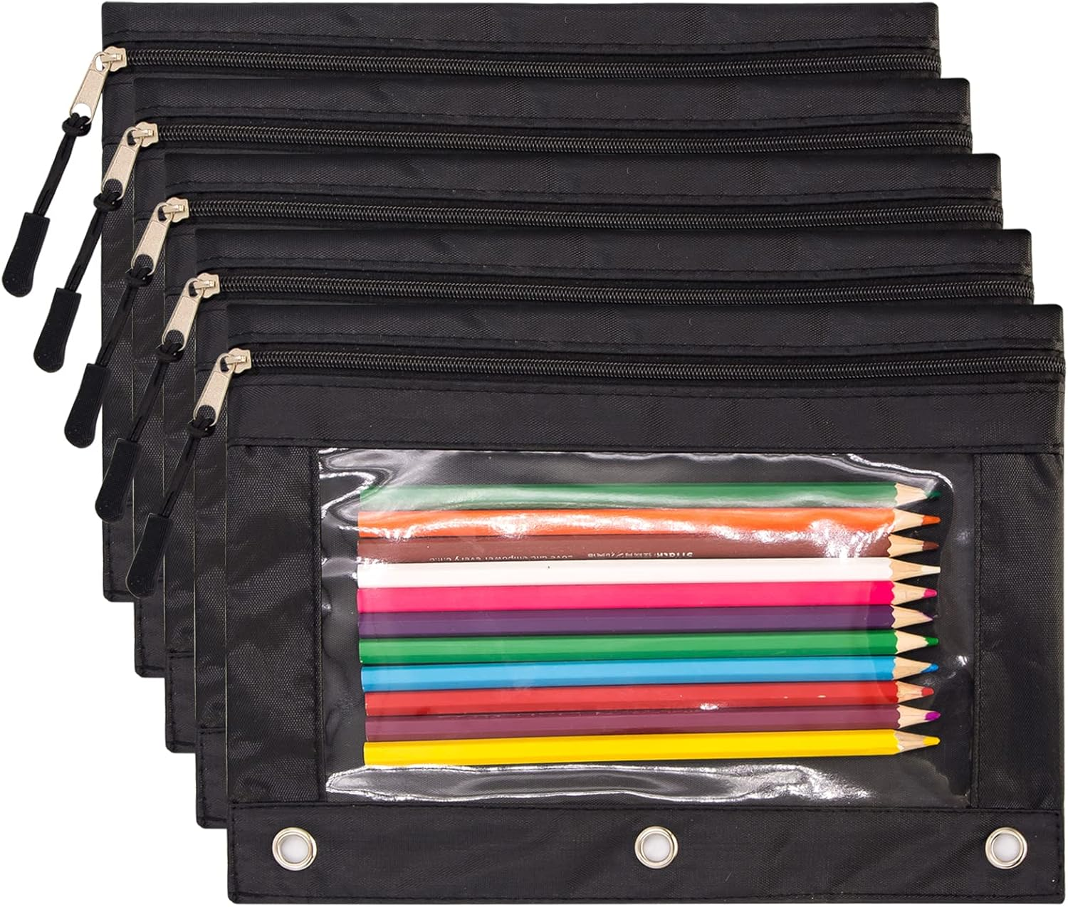 Binder Pencil Pouch with Zipper Pulls, Pencil Case with Rivet Enforced 3 Ring, 5 Pack